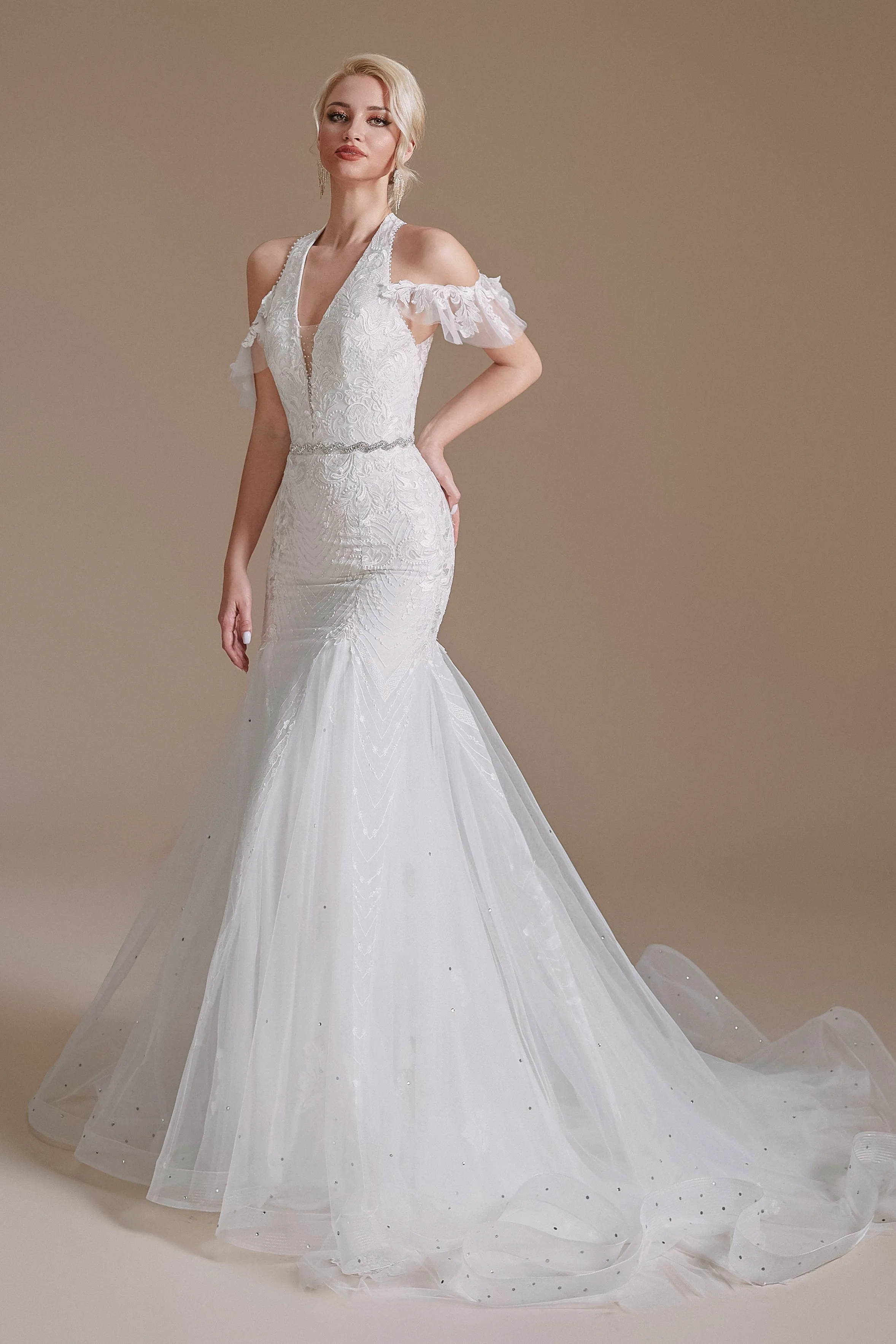 Cool Shouder V Neck Court Applique Mermaid Wedding Dress | Ballbella Design
