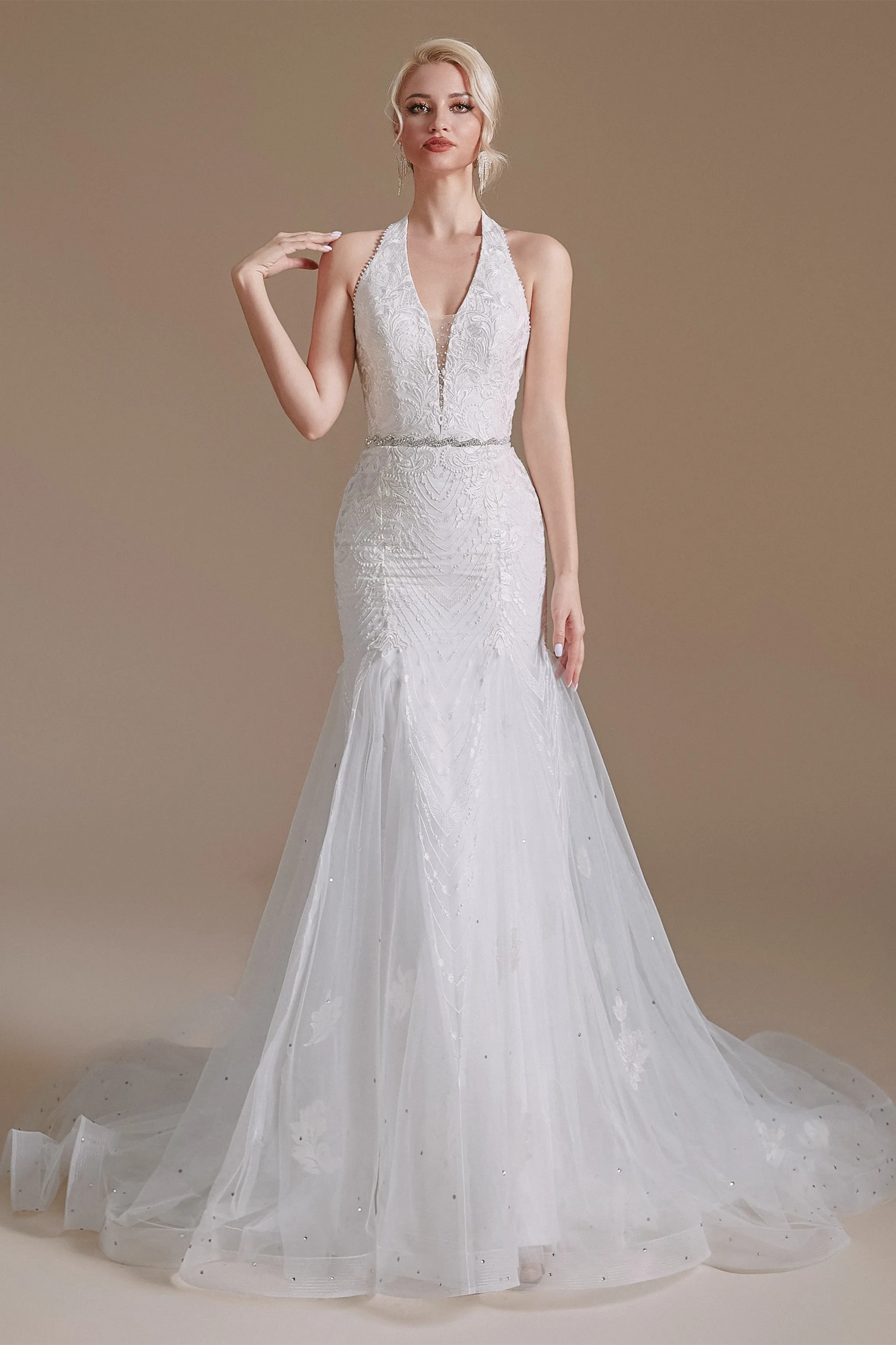 Cool Shouder V Neck Court Applique Mermaid Wedding Dress | Ballbella Design