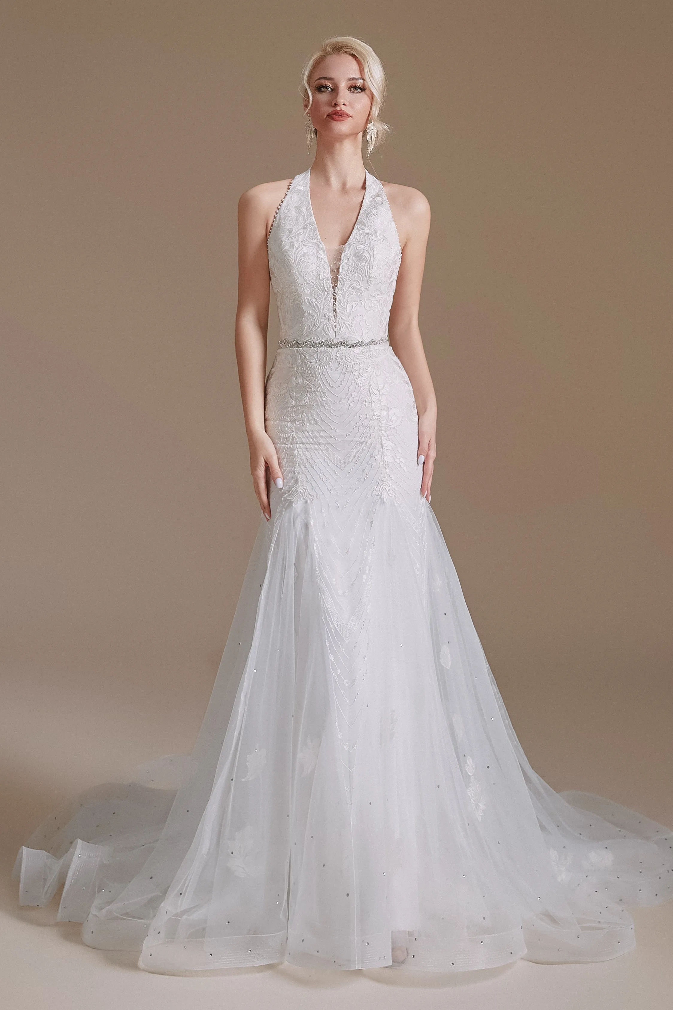 Cool Shouder V Neck Court Applique Mermaid Wedding Dress | Ballbella Design