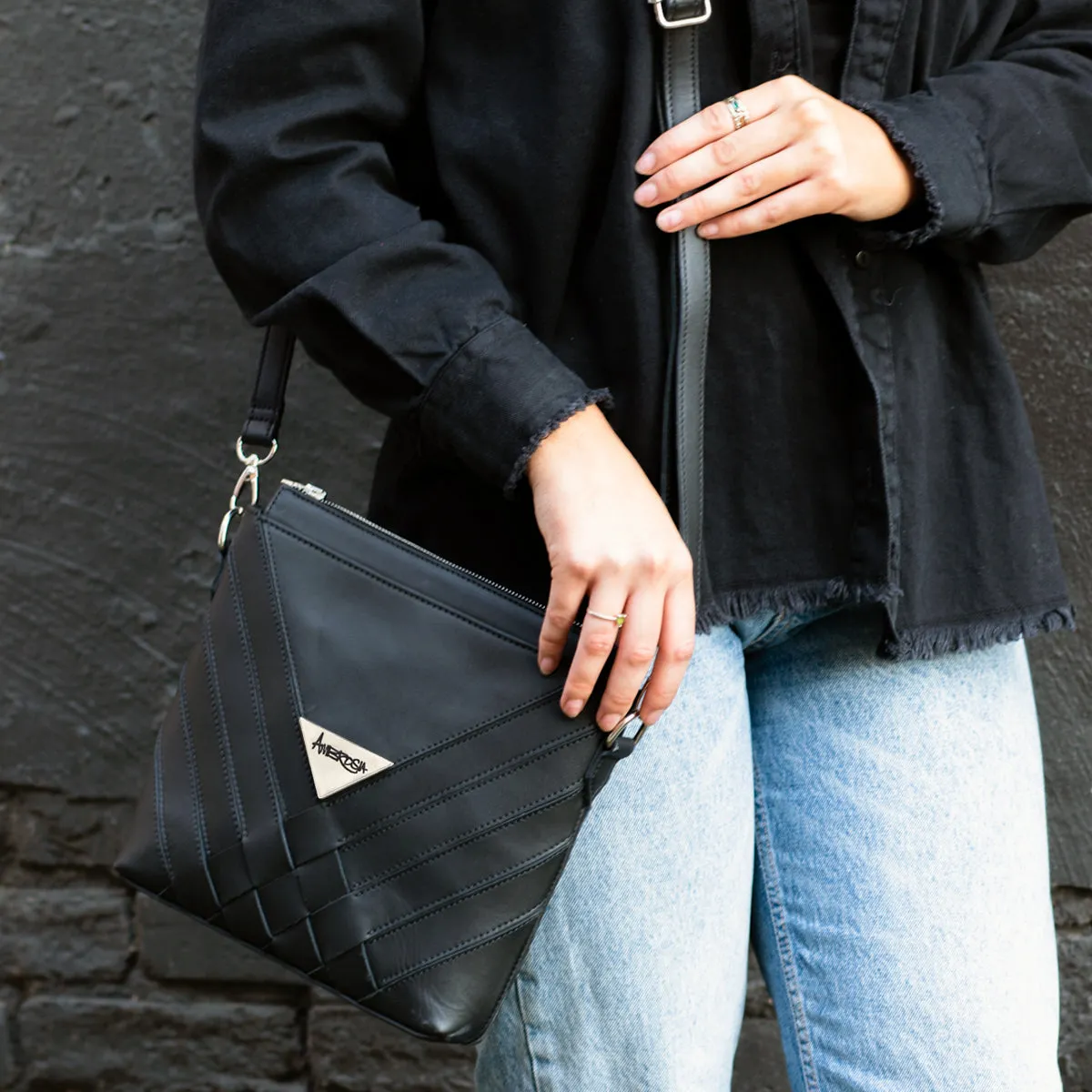 Criss-Cross Genuine Leather Matte Black Small Handbag