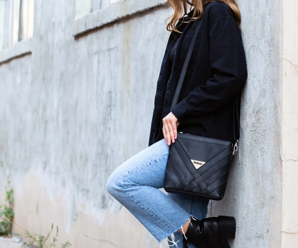 Criss-Cross Genuine Leather Matte Black Small Handbag