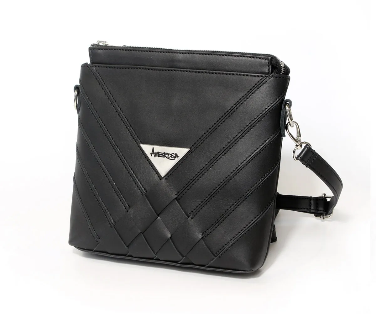 Criss-Cross Genuine Leather Matte Black Small Handbag