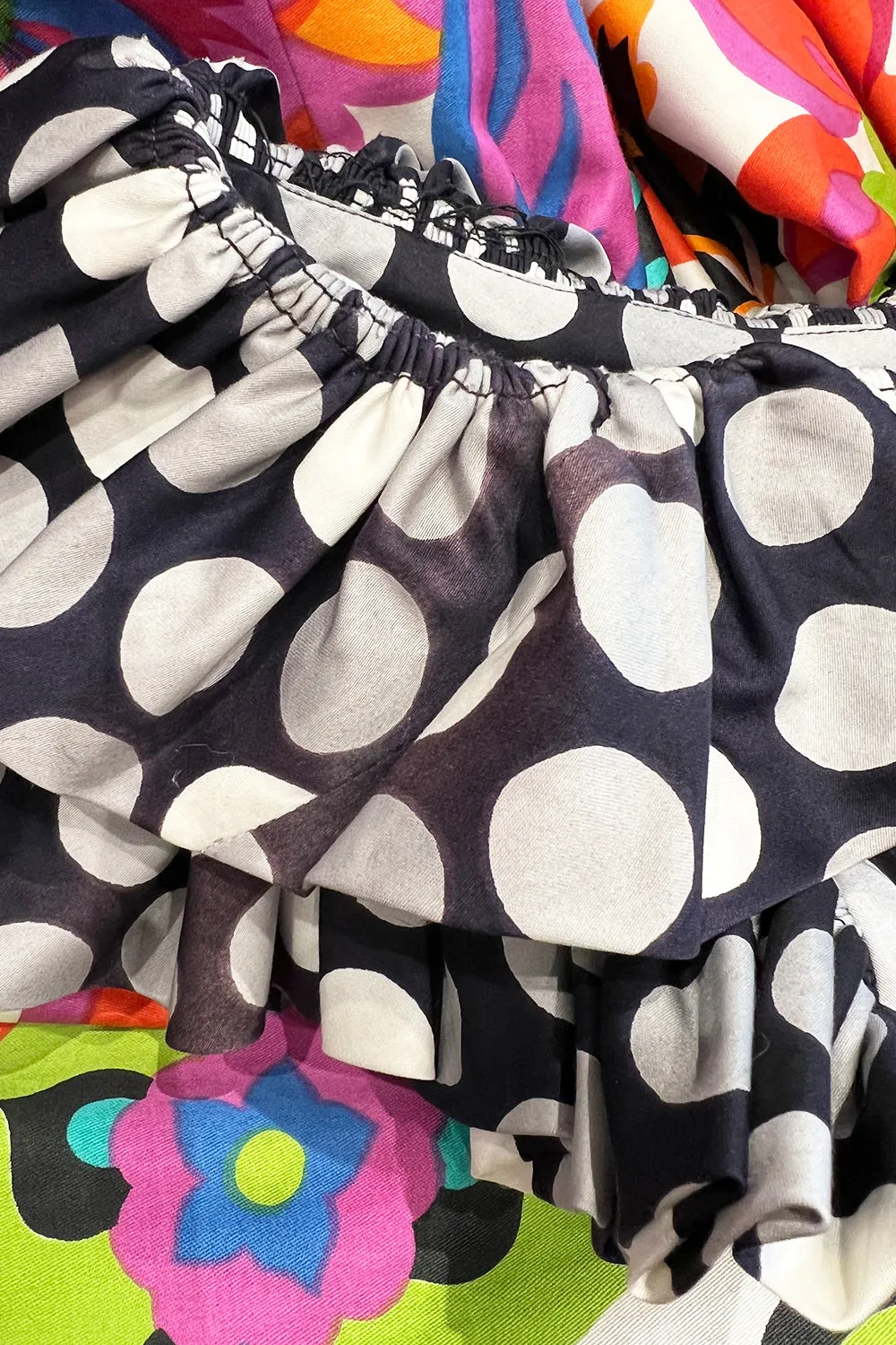 Cutest 1970s Geoffrey Beene Bazaar Mixed Floral & Dot Pattern Ruffle Dress