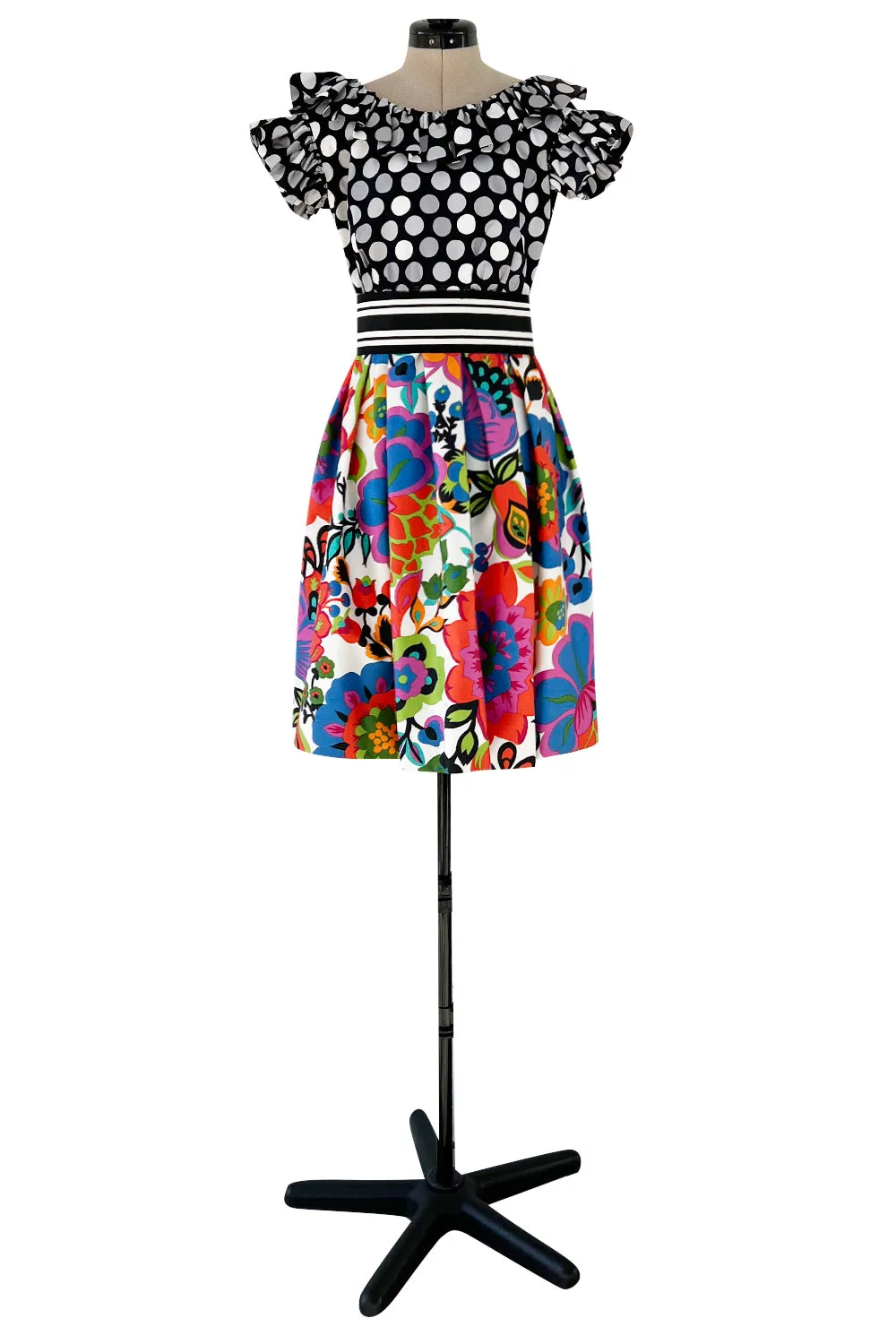 Cutest 1970s Geoffrey Beene Bazaar Mixed Floral & Dot Pattern Ruffle Dress