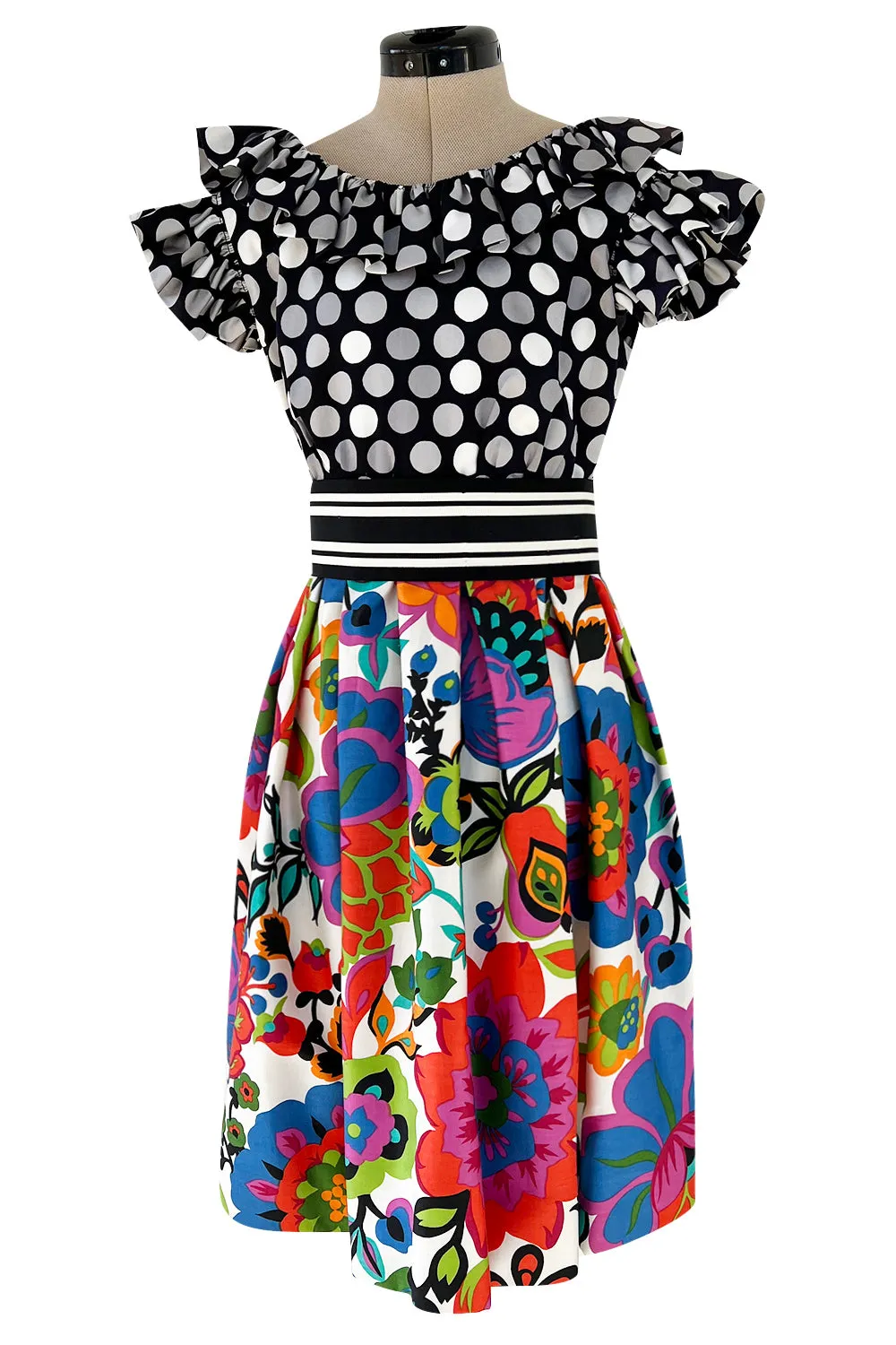 Cutest 1970s Geoffrey Beene Bazaar Mixed Floral & Dot Pattern Ruffle Dress