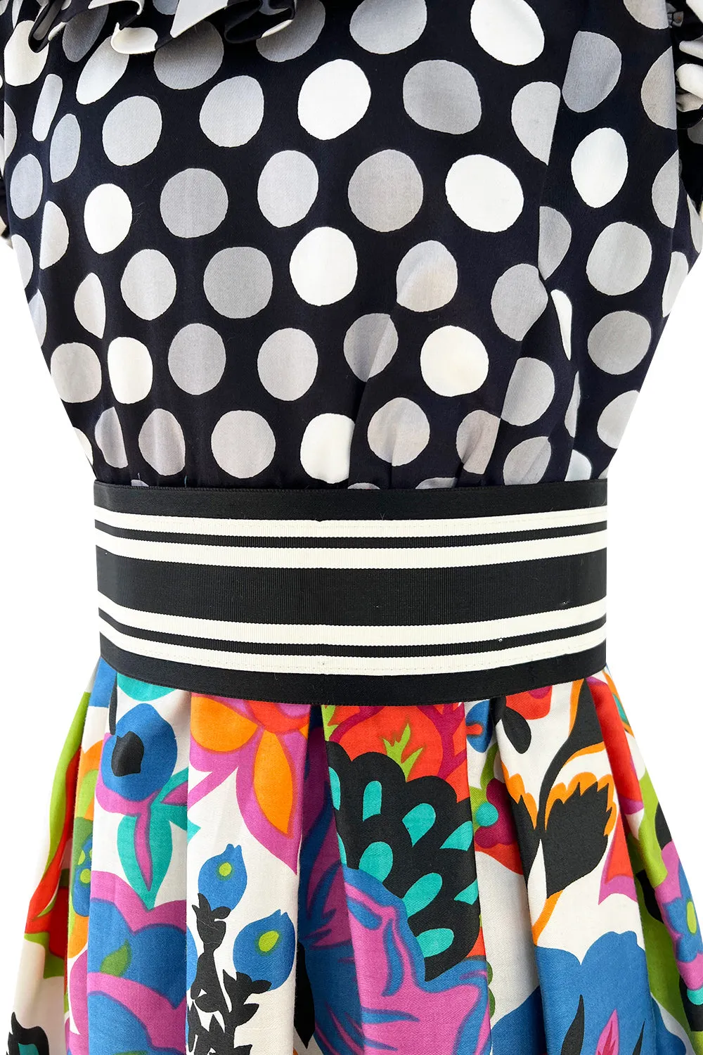 Cutest 1970s Geoffrey Beene Bazaar Mixed Floral & Dot Pattern Ruffle Dress