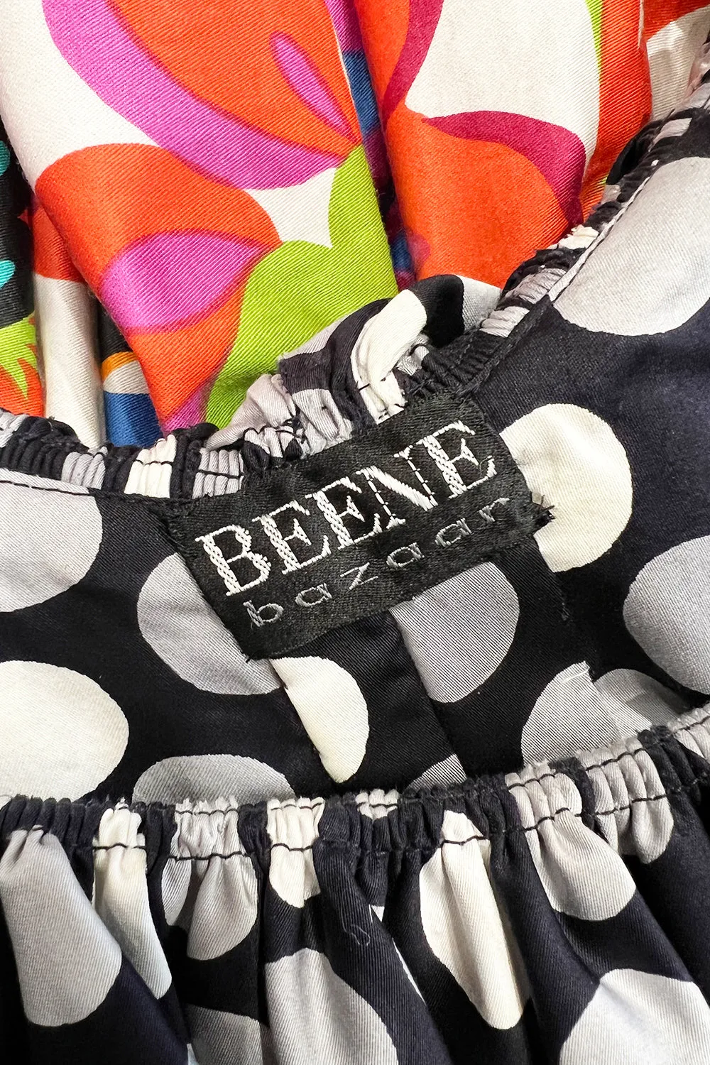 Cutest 1970s Geoffrey Beene Bazaar Mixed Floral & Dot Pattern Ruffle Dress