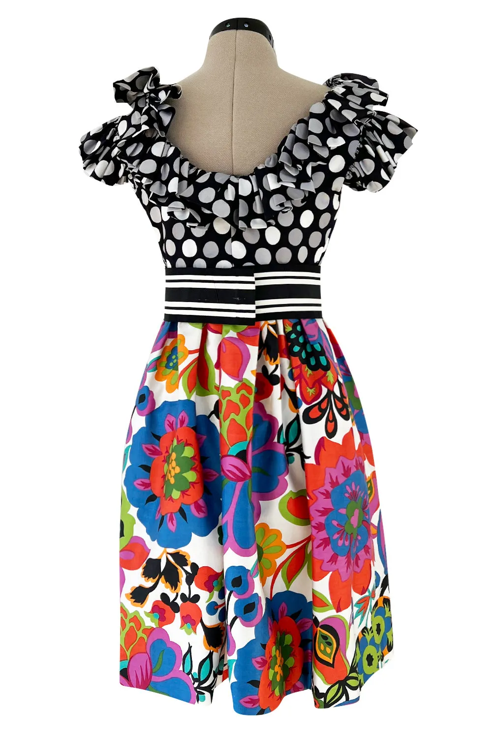 Cutest 1970s Geoffrey Beene Bazaar Mixed Floral & Dot Pattern Ruffle Dress