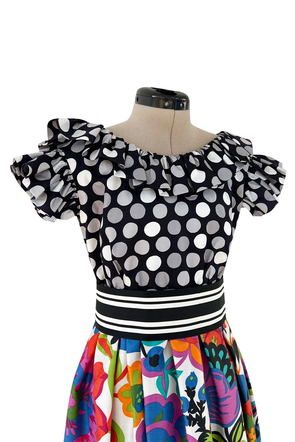 Cutest 1970s Geoffrey Beene Bazaar Mixed Floral & Dot Pattern Ruffle Dress