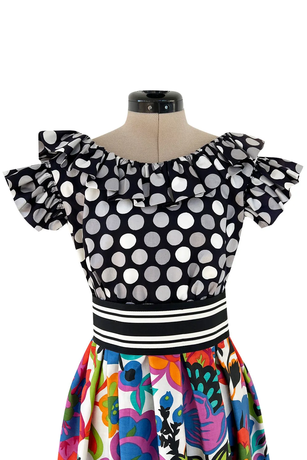 Cutest 1970s Geoffrey Beene Bazaar Mixed Floral & Dot Pattern Ruffle Dress