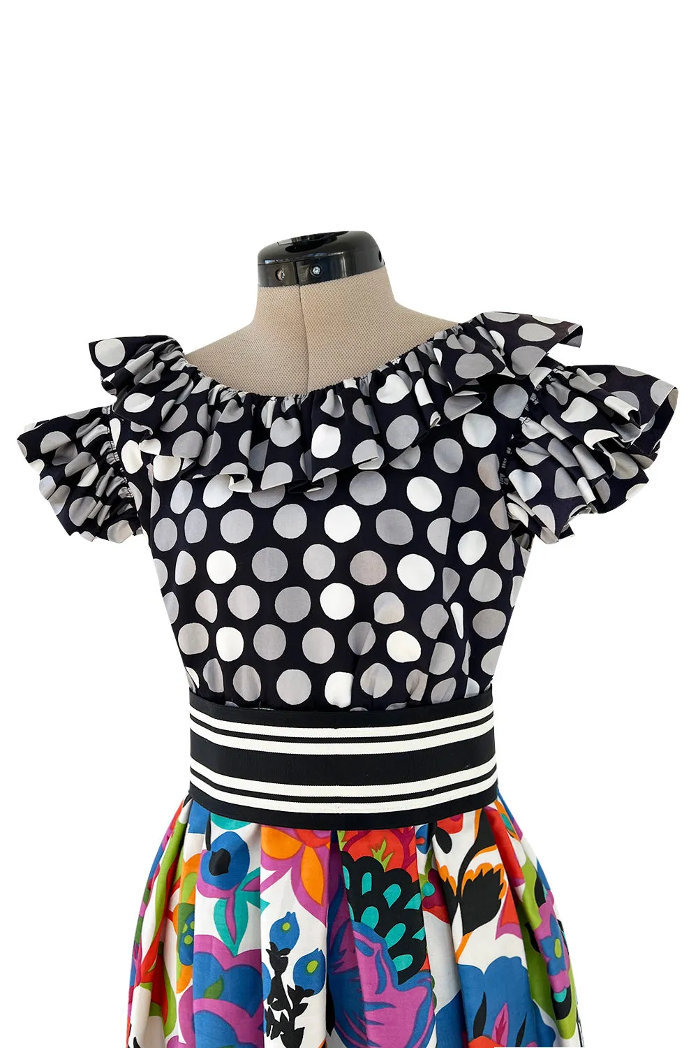 Cutest 1970s Geoffrey Beene Bazaar Mixed Floral & Dot Pattern Ruffle Dress
