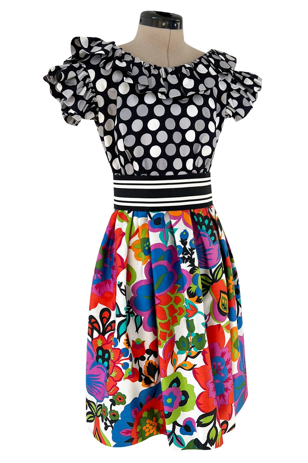 Cutest 1970s Geoffrey Beene Bazaar Mixed Floral & Dot Pattern Ruffle Dress