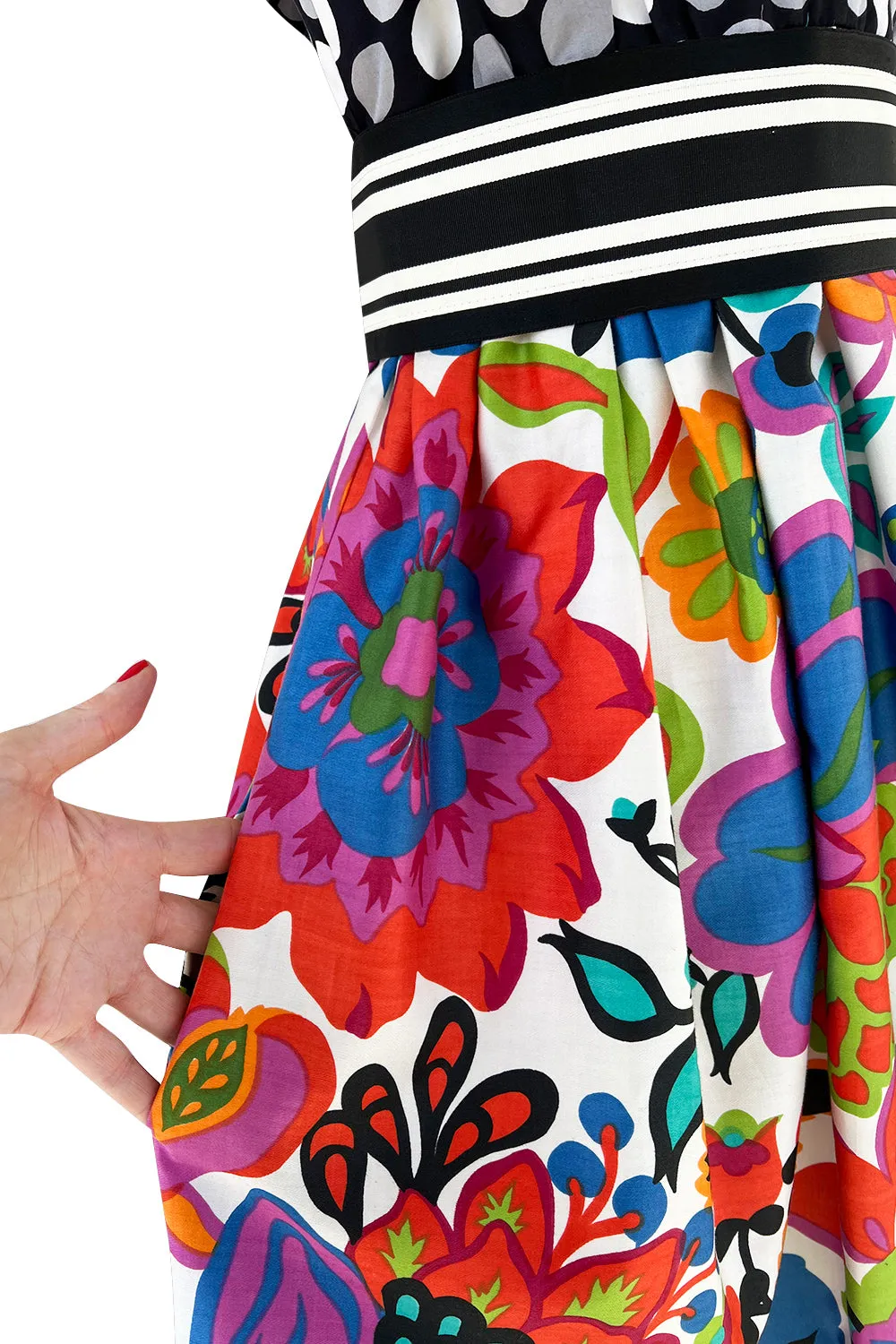 Cutest 1970s Geoffrey Beene Bazaar Mixed Floral & Dot Pattern Ruffle Dress