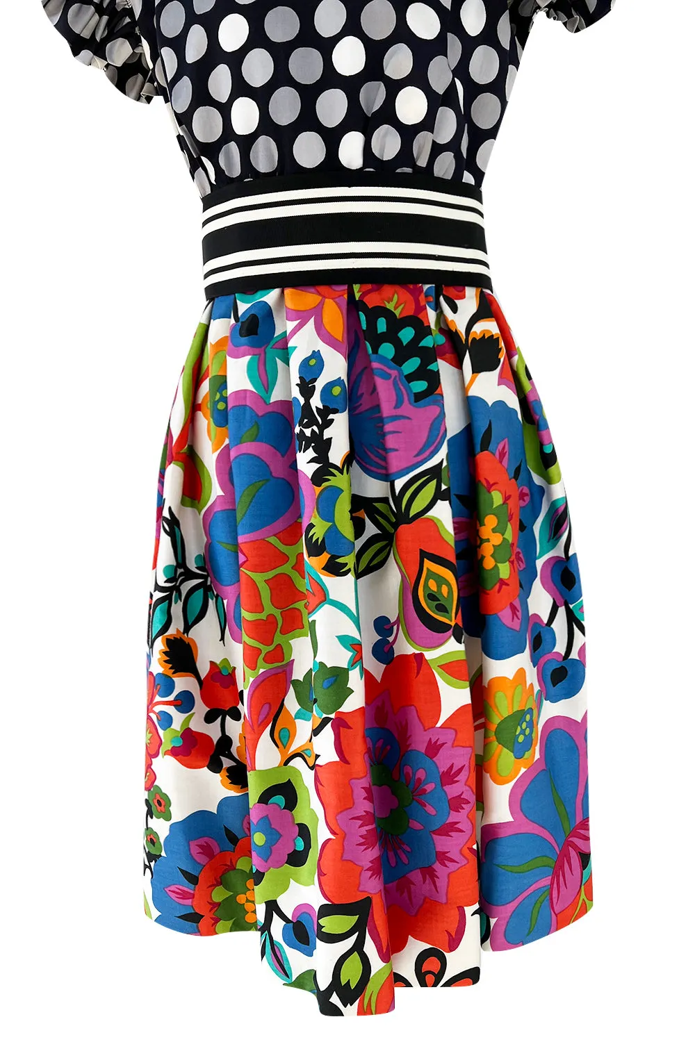Cutest 1970s Geoffrey Beene Bazaar Mixed Floral & Dot Pattern Ruffle Dress