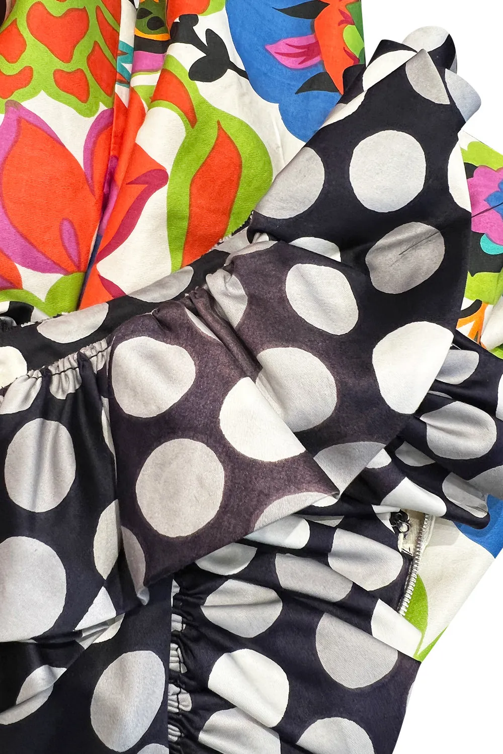 Cutest 1970s Geoffrey Beene Bazaar Mixed Floral & Dot Pattern Ruffle Dress