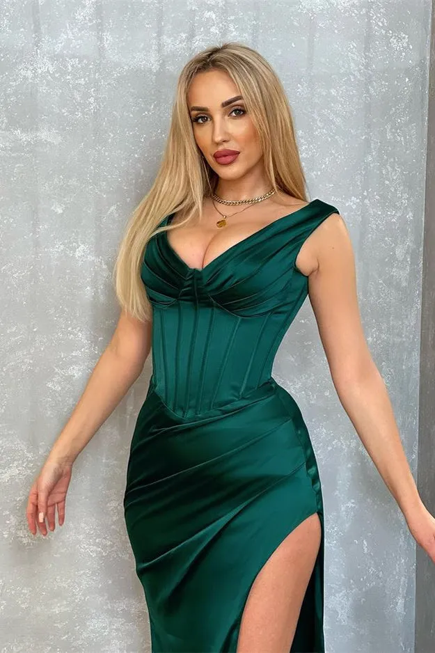 Dark Green V-Neck Sleeveless Evening Dress Mermaid Long With Slit