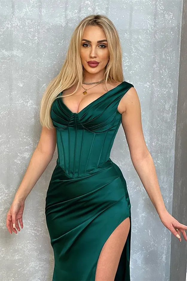Dark Green V-Neck Sleeveless Evening Dress Mermaid Long With Slit