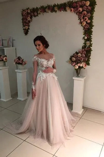 Delicate Lace Appliques Tulle Long Sleeve A line Sweep Train Bridal Dress