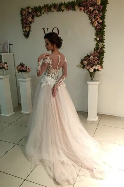 Delicate Lace Appliques Tulle Long Sleeve A line Sweep Train Bridal Dress