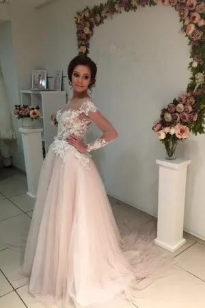 Delicate Lace Appliques Tulle Long Sleeve A line Sweep Train Bridal Dress
