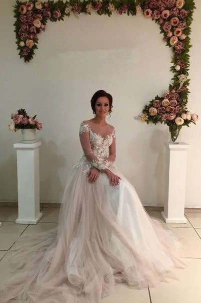 Delicate Lace Appliques Tulle Long Sleeve A line Sweep Train Bridal Dress