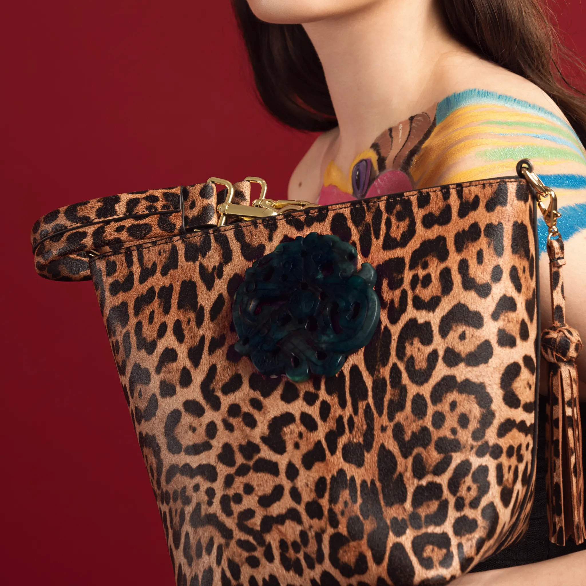 DESTI SAINT | Noora Bucket Crossbody | Leopard Print Leather w Black Jade Stone Ingot