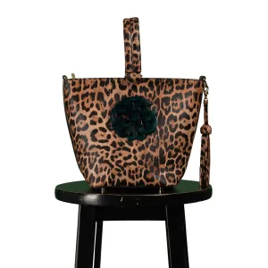 DESTI SAINT | Noora Bucket Crossbody | Leopard Print Leather w Black Jade Stone Ingot
