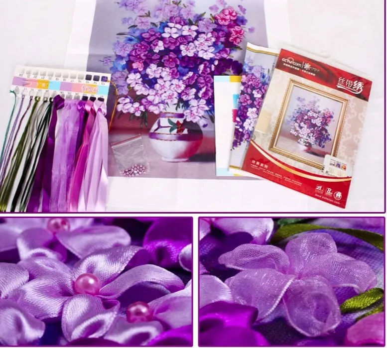DIY Kit flowers vase 3D Ribbon embroidery - Purple orange white