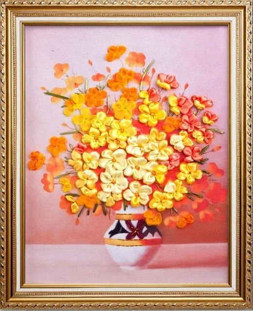 DIY Kit flowers vase 3D Ribbon embroidery - Purple orange white