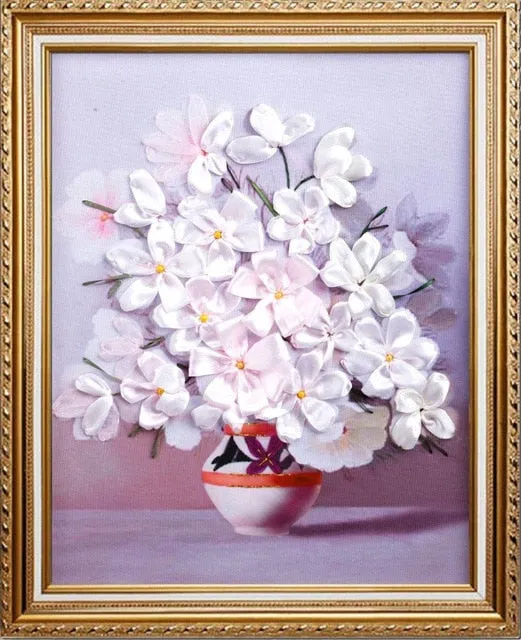 DIY Kit flowers vase 3D Ribbon embroidery - Purple orange white