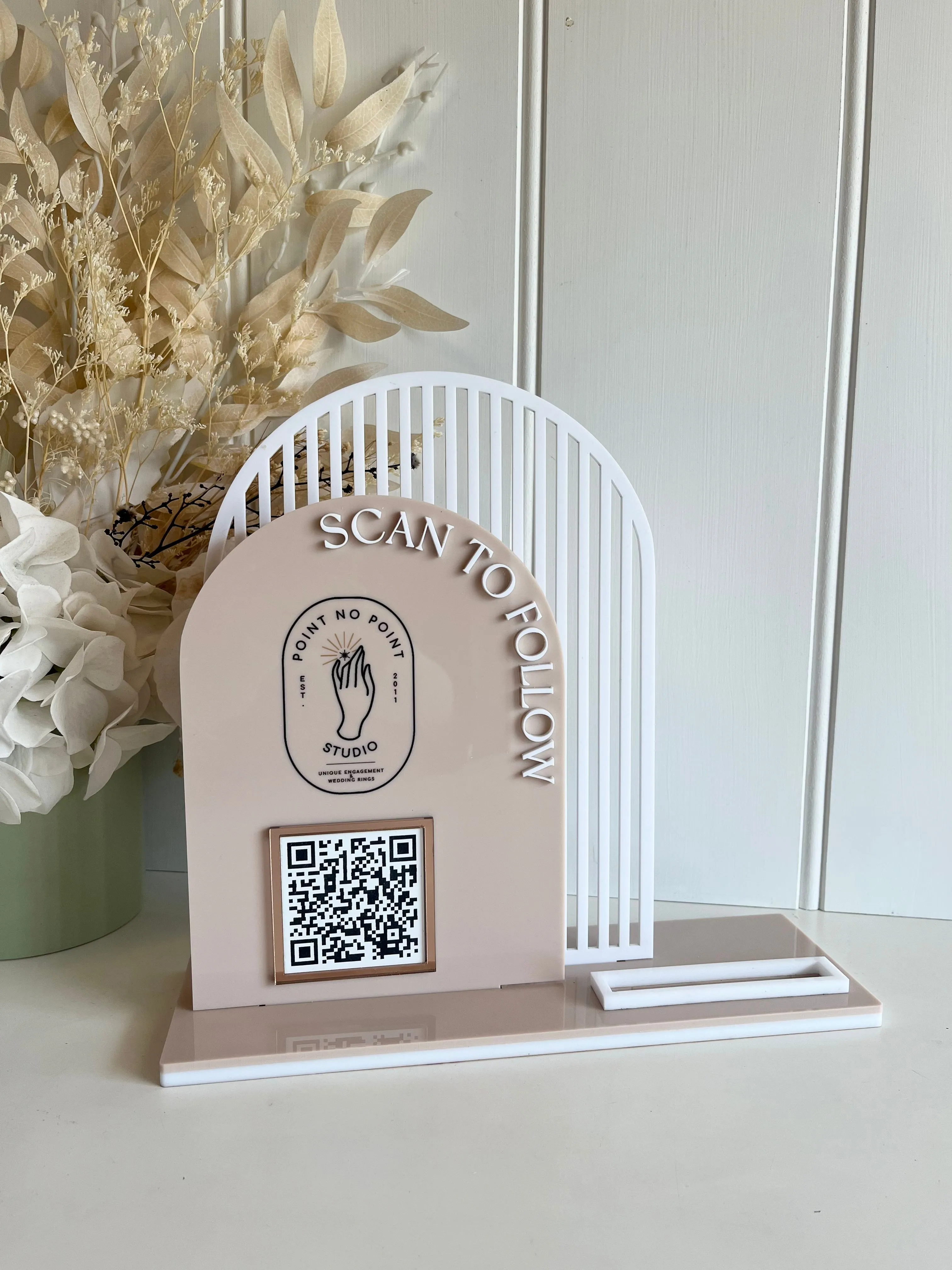 Double Arched Logo   Single QR and Card Holder (scan to follow)