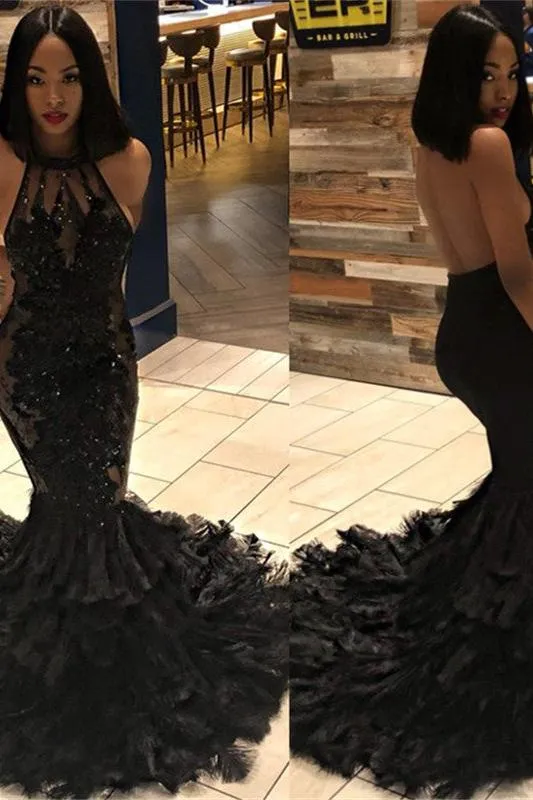 Elegant Black Mermaid Halter Sleeveless Open Back Applique Prom Dresses