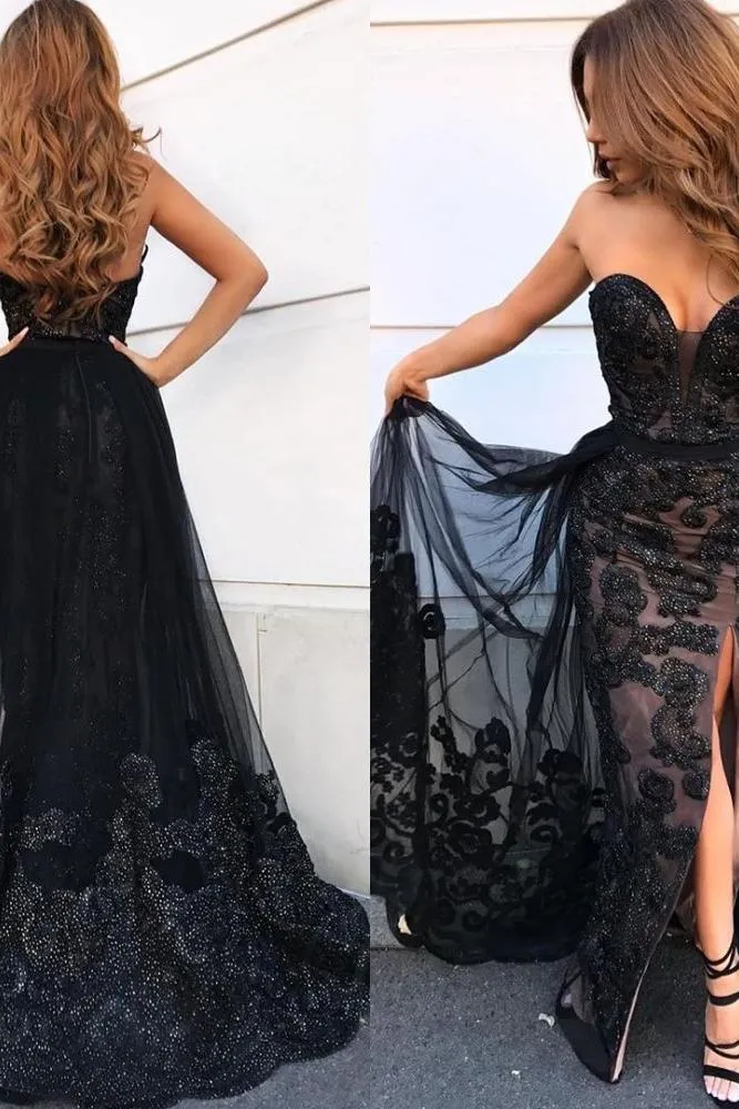 Elegant Black Sweetheart Prom Dresses On Sale Shining Beaded Side Slit Overskirt Evening Dress