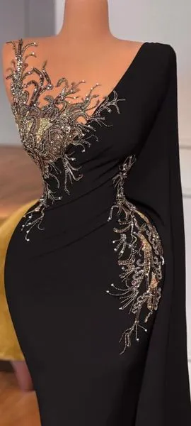 Elegant Long Black Mermaid Beading Lace Prom Dresses