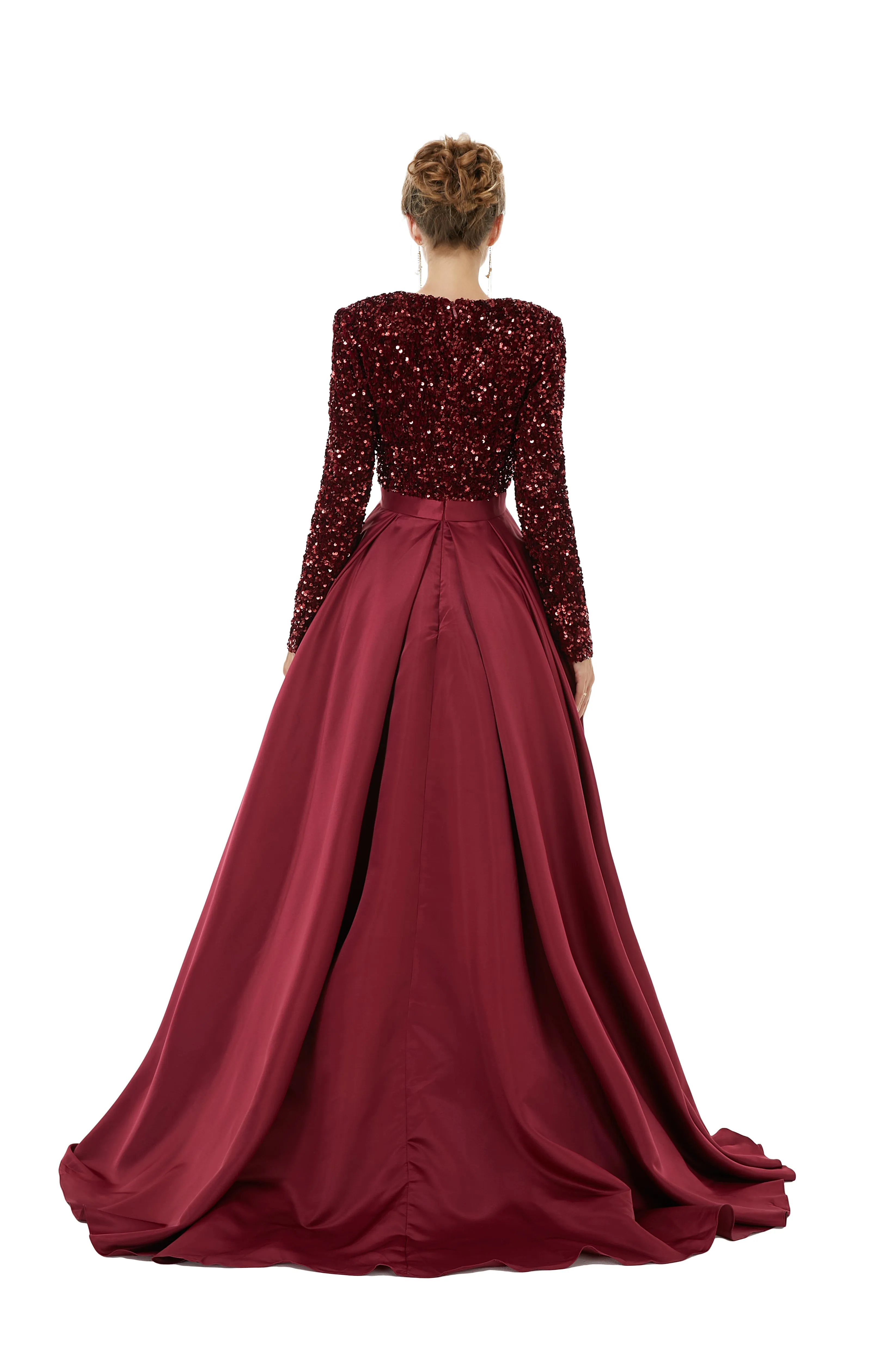 Elegant Long sleeve Deep V-neck Dark green Evening Dress | Ballbella Real Shooting