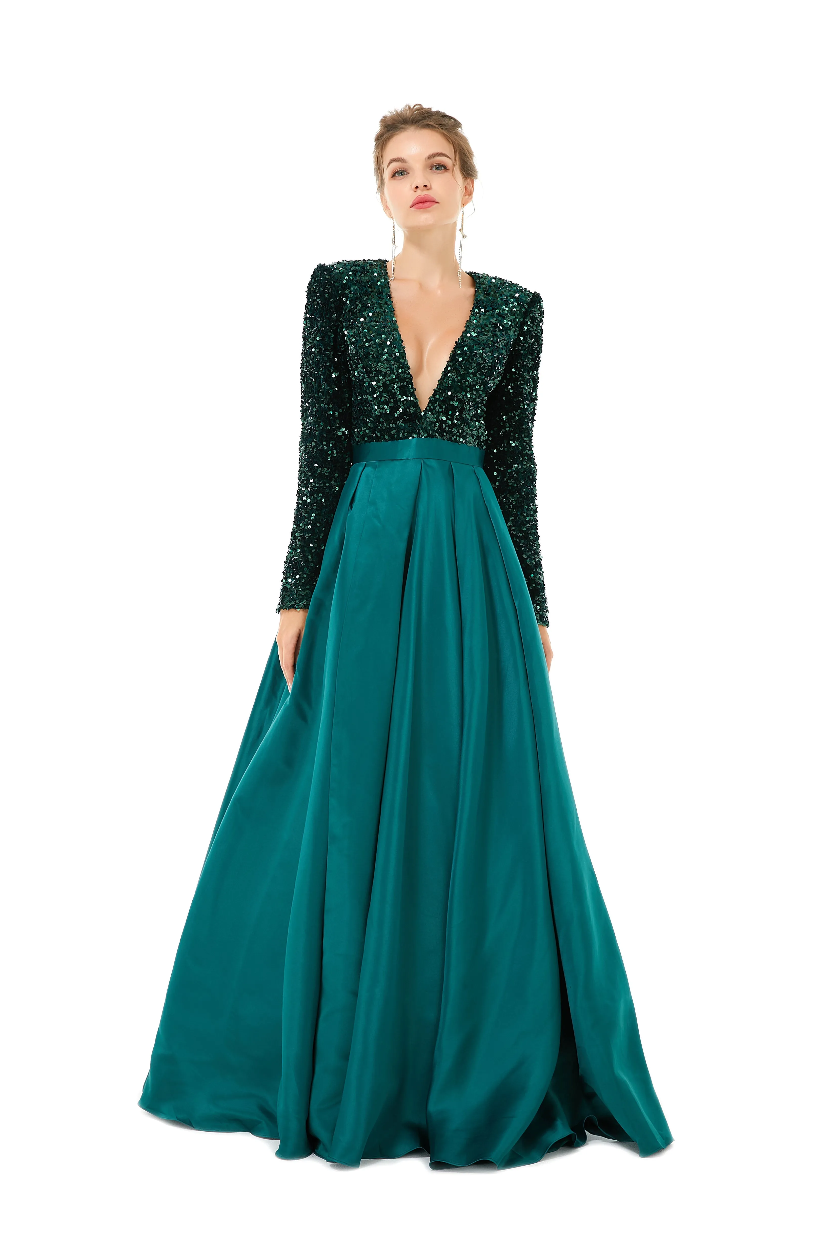 Elegant Long sleeve Deep V-neck Dark green Evening Dress | Ballbella Real Shooting
