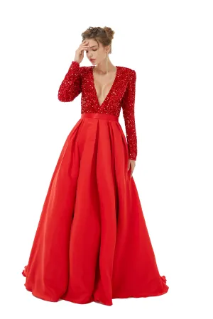 Elegant Long sleeve Deep V-neck Dark green Evening Dress | Ballbella Real Shooting