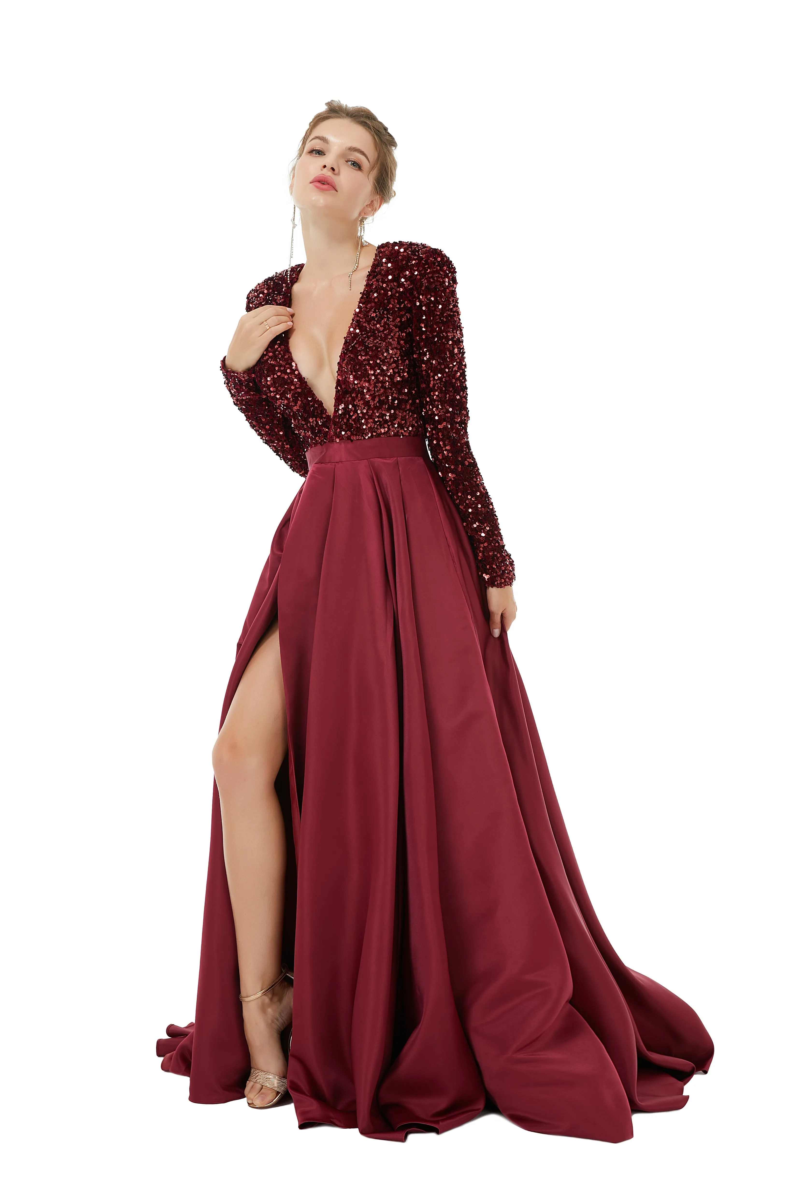 Elegant Long sleeve Deep V-neck Dark green Evening Dress | Ballbella Real Shooting