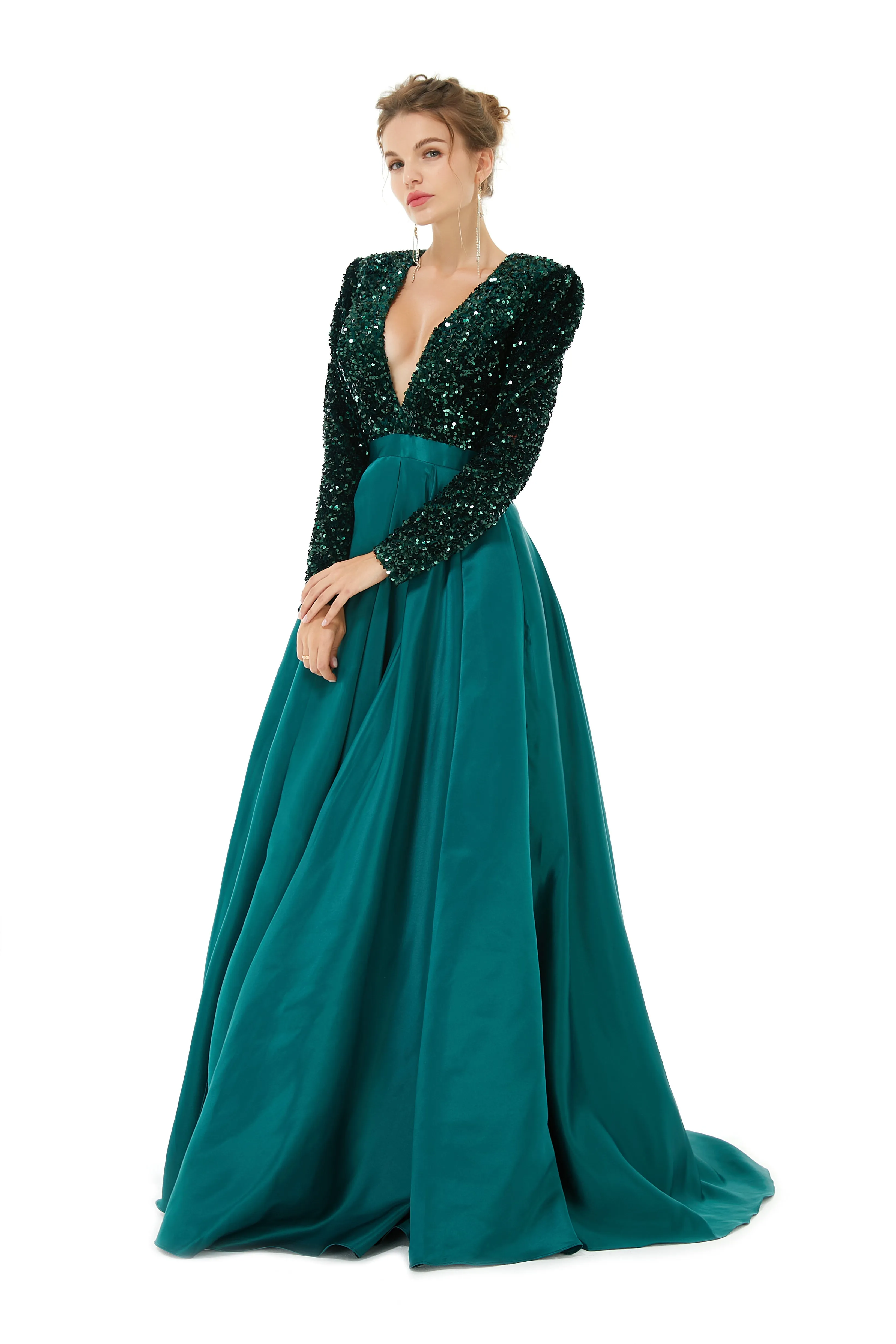 Elegant Long sleeve Deep V-neck Dark green Evening Dress | Ballbella Real Shooting