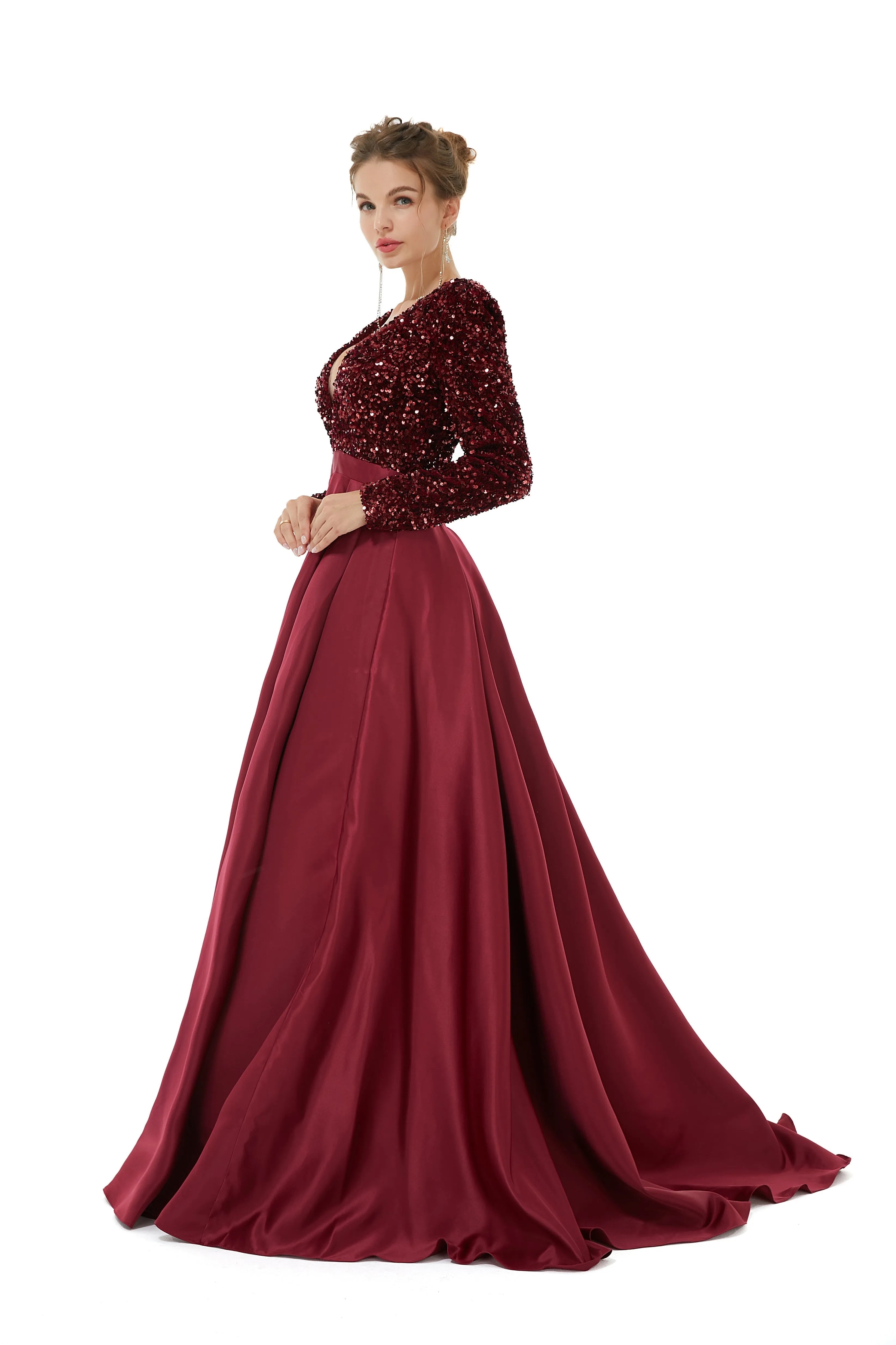 Elegant Long sleeve Deep V-neck Dark green Evening Dress | Ballbella Real Shooting