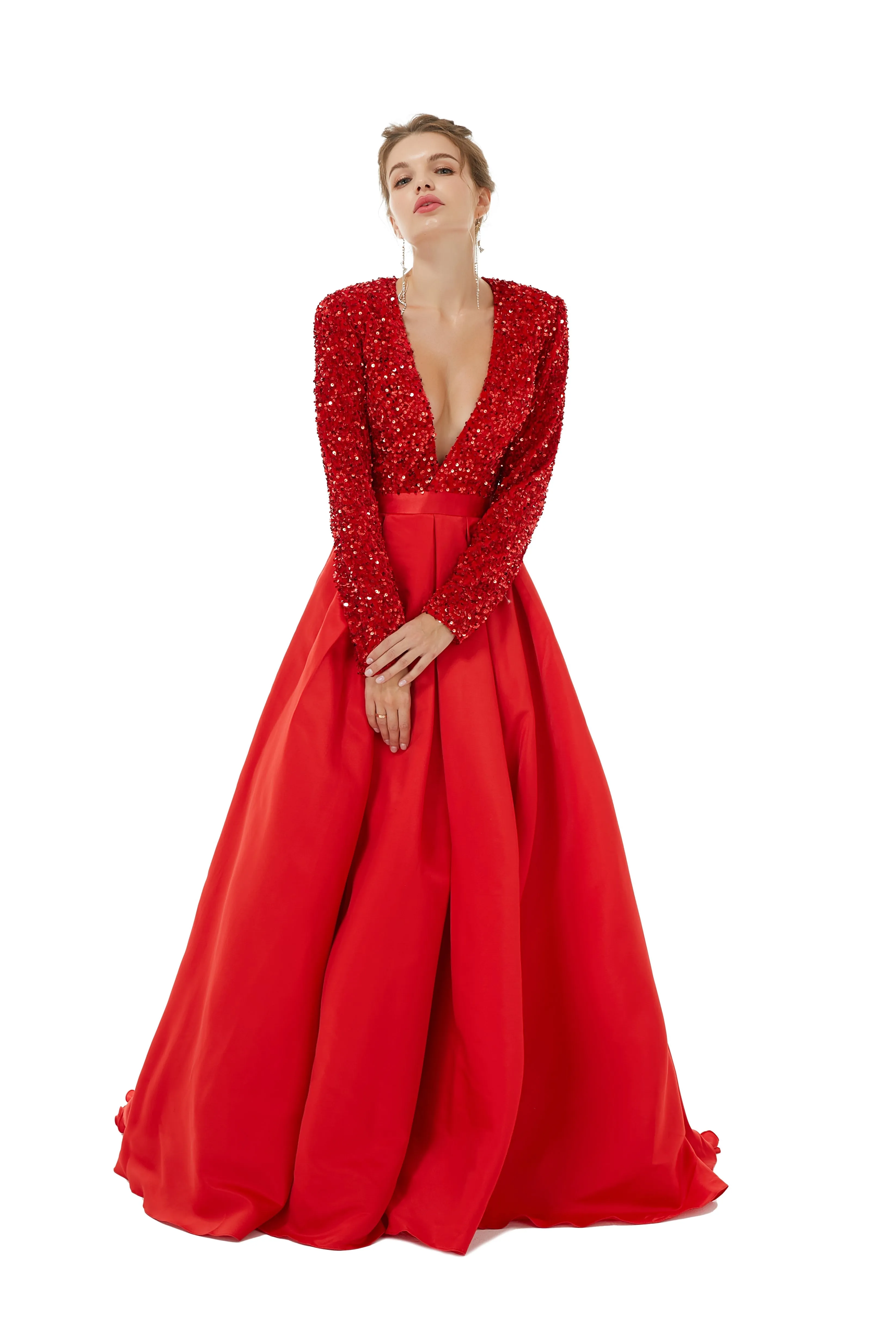 Elegant Long sleeve Deep V-neck Dark green Evening Dress | Ballbella Real Shooting