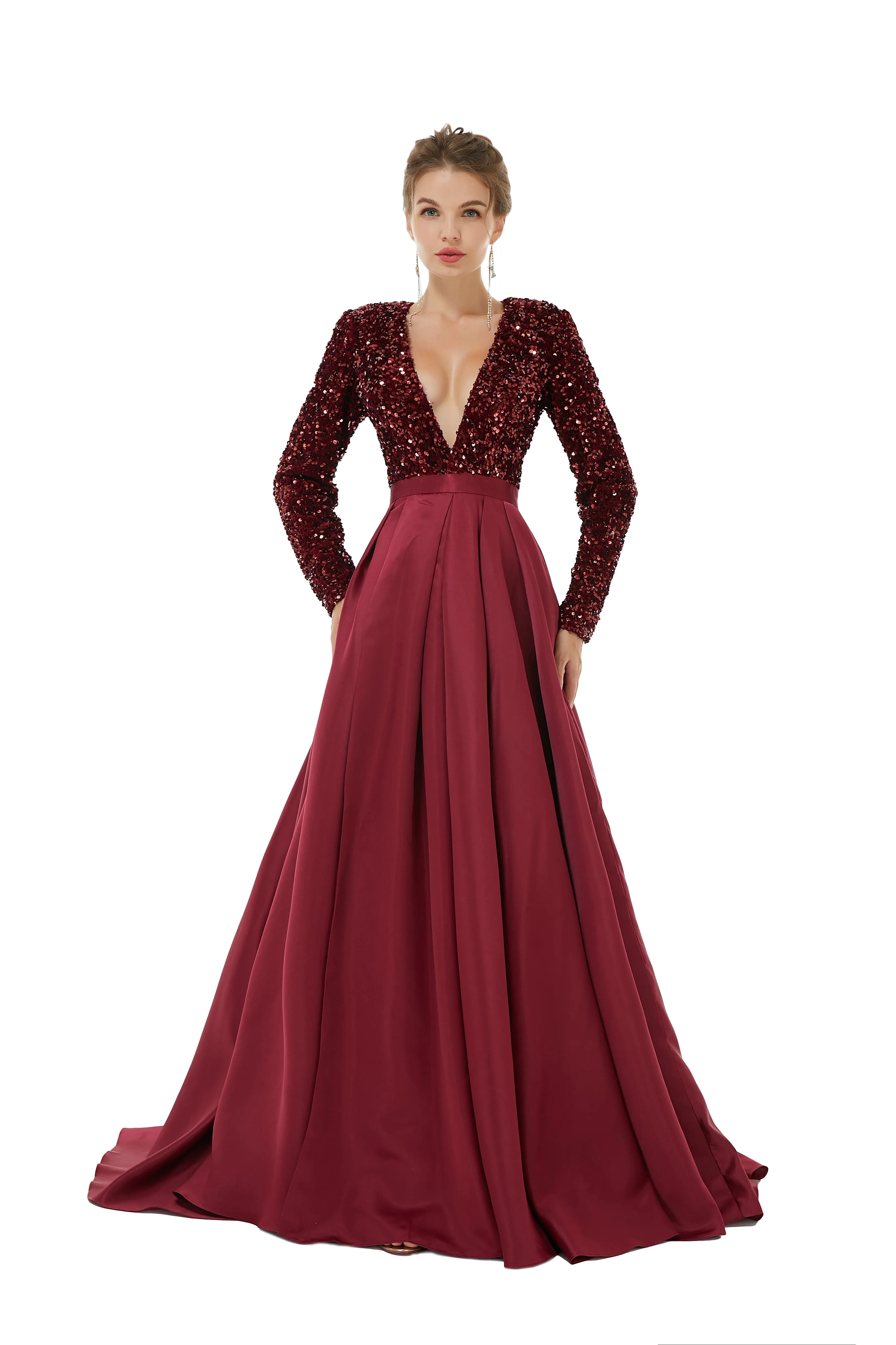 Elegant Long sleeve Deep V-neck Dark green Evening Dress | Ballbella Real Shooting