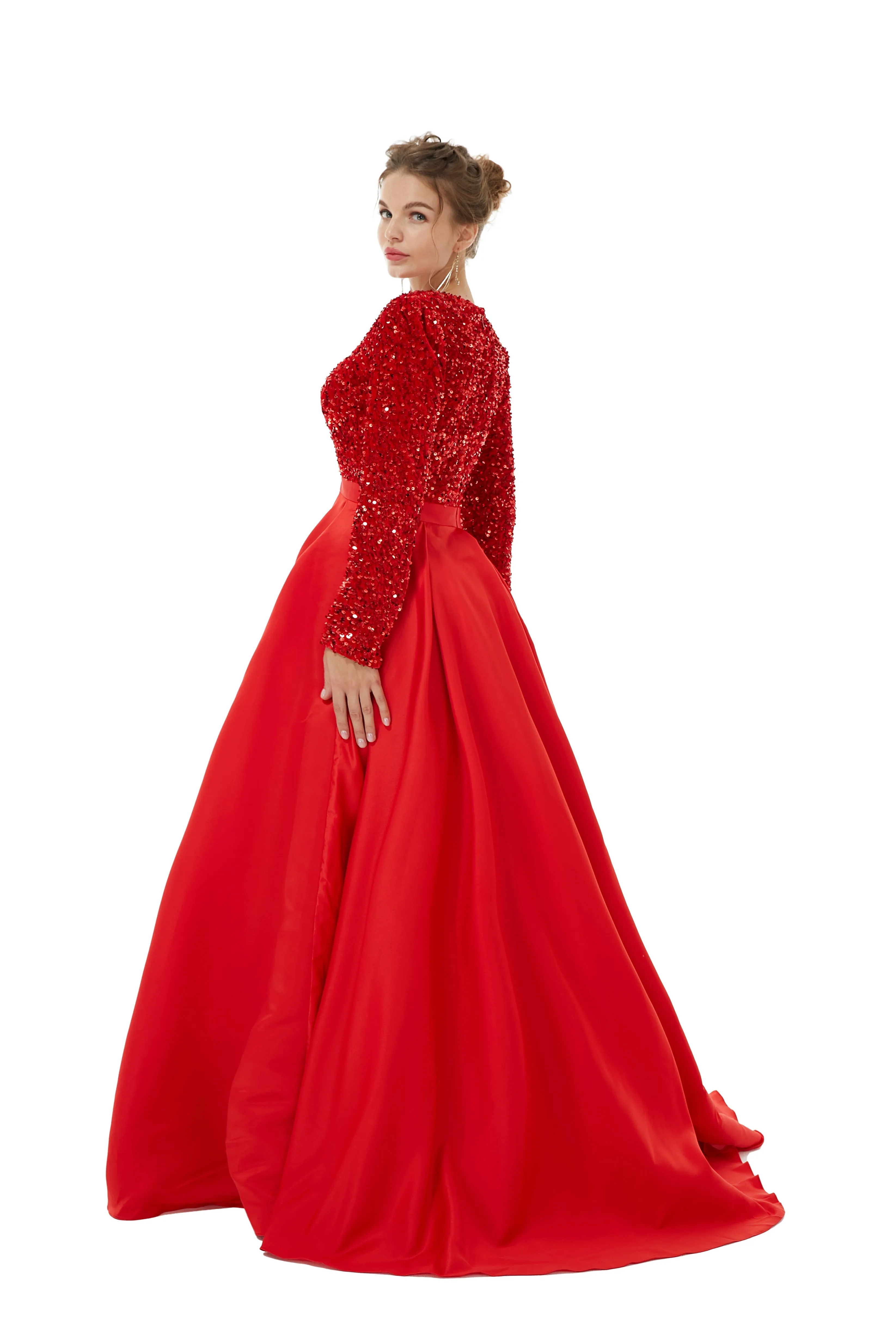 Elegant Long sleeve Deep V-neck Dark green Evening Dress | Ballbella Real Shooting