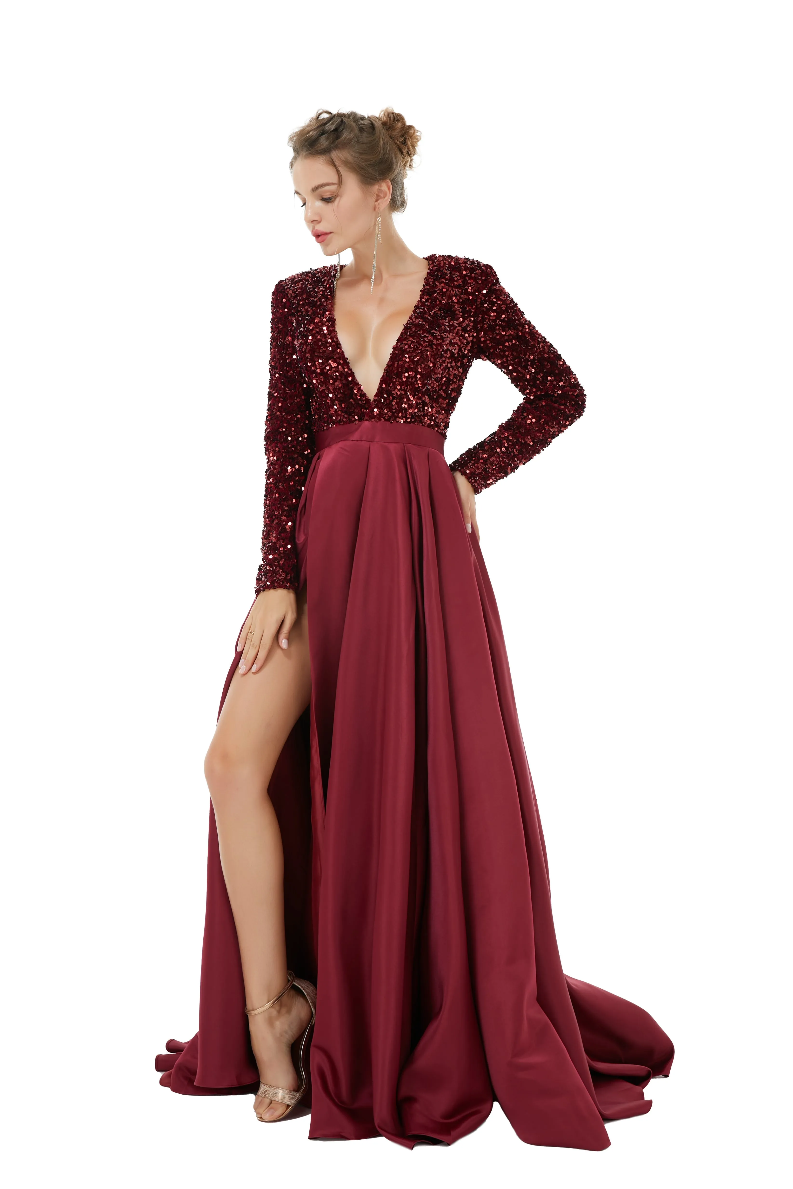 Elegant Long sleeve Deep V-neck Dark green Evening Dress | Ballbella Real Shooting