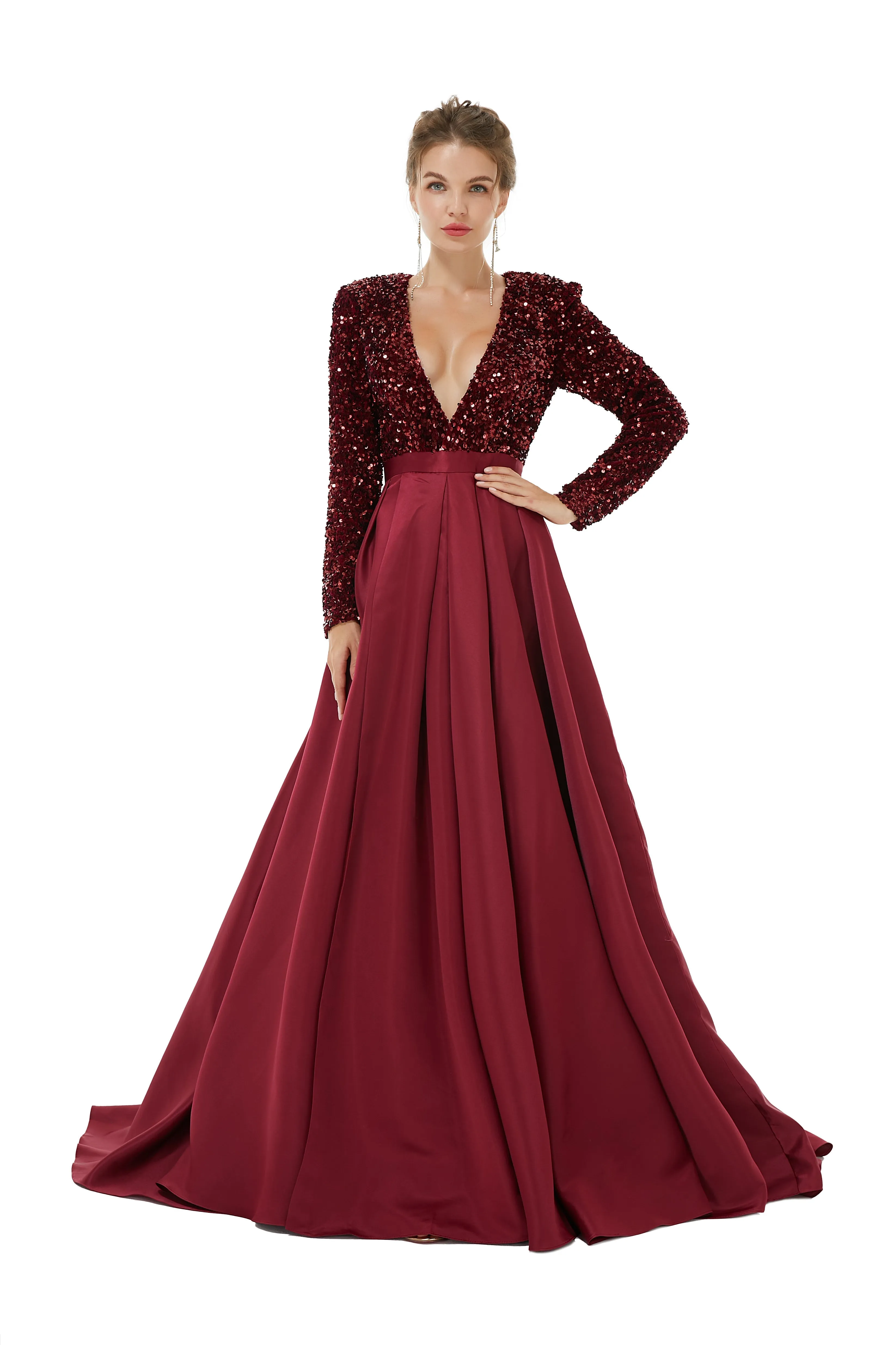 Elegant Long sleeve Deep V-neck Dark green Evening Dress | Ballbella Real Shooting