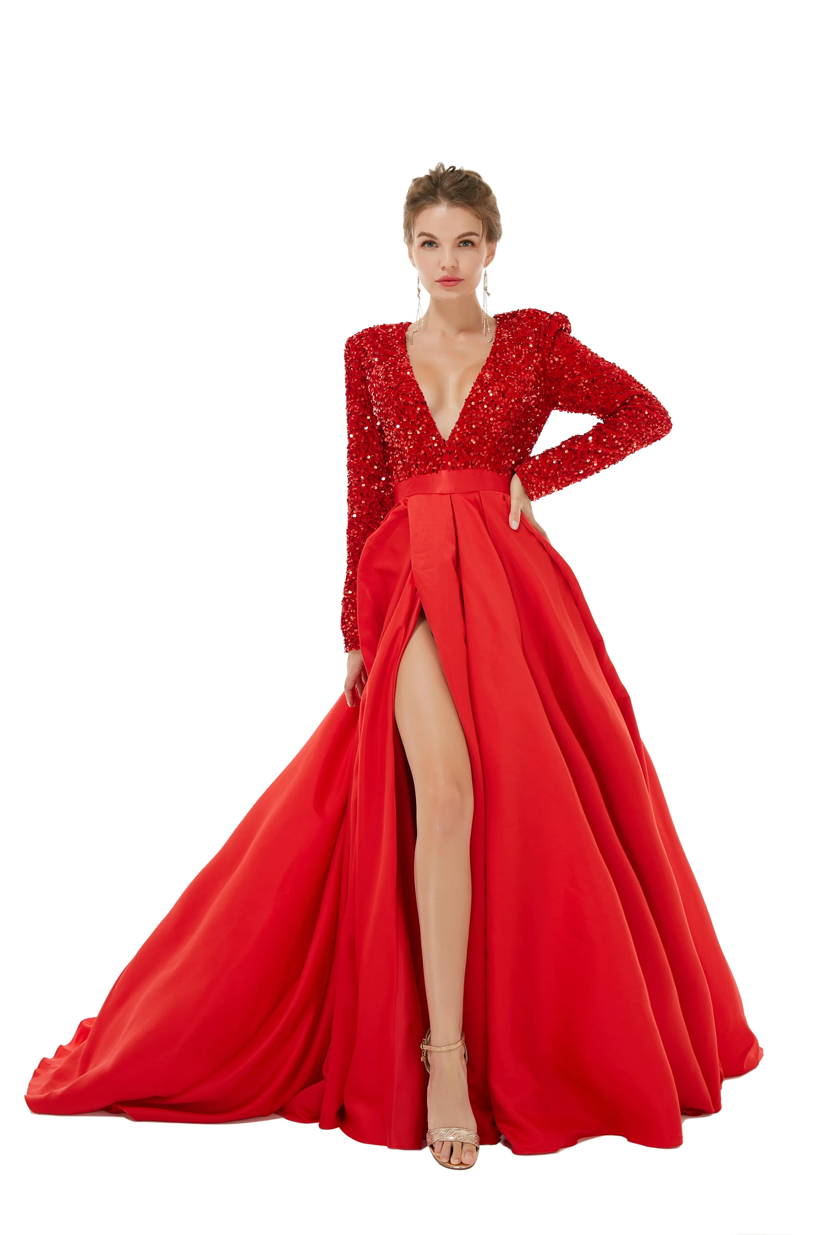 Elegant Long sleeve Deep V-neck Dark green Evening Dress | Ballbella Real Shooting