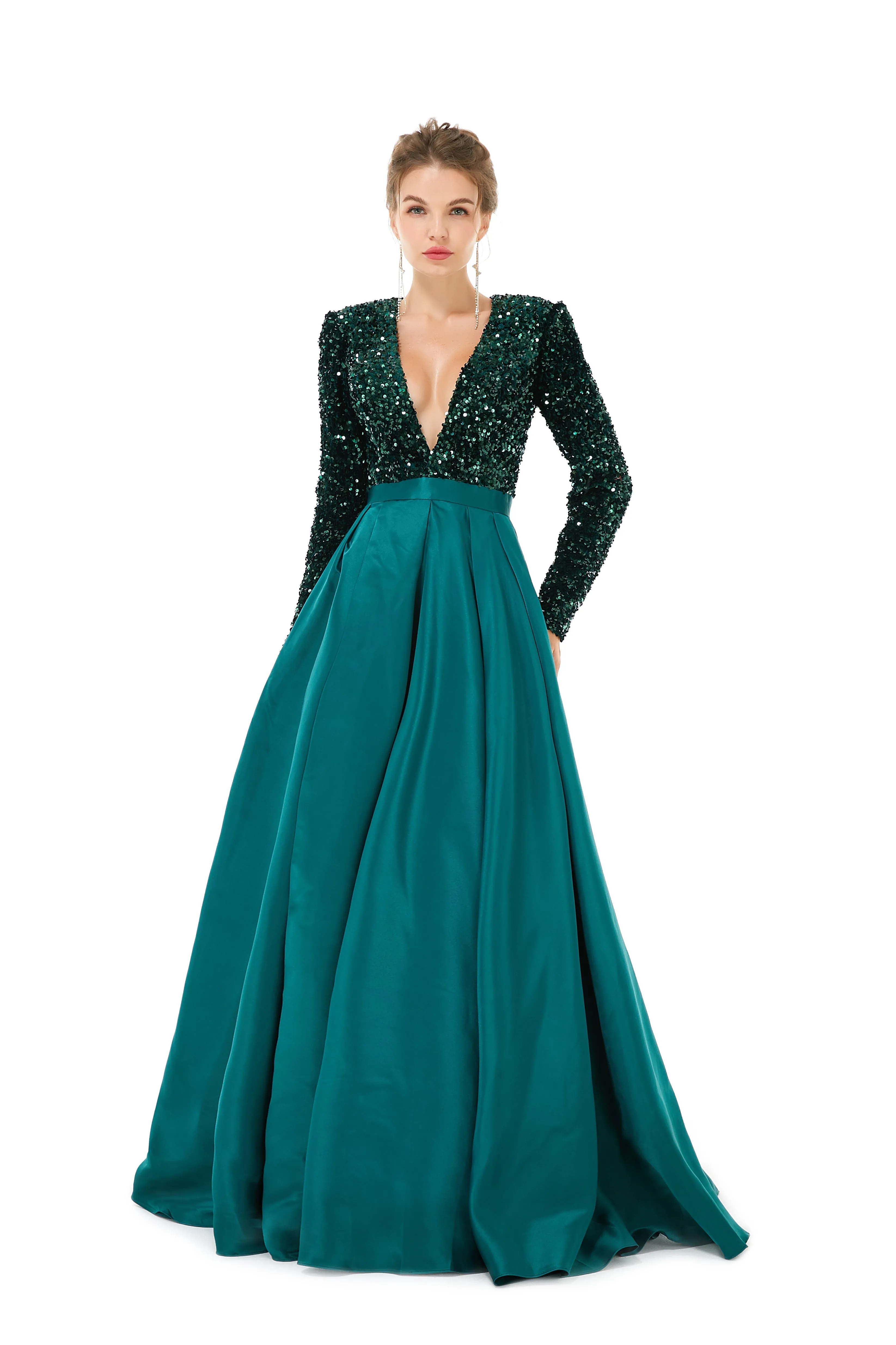 Elegant Long sleeve Deep V-neck Dark green Evening Dress | Ballbella Real Shooting