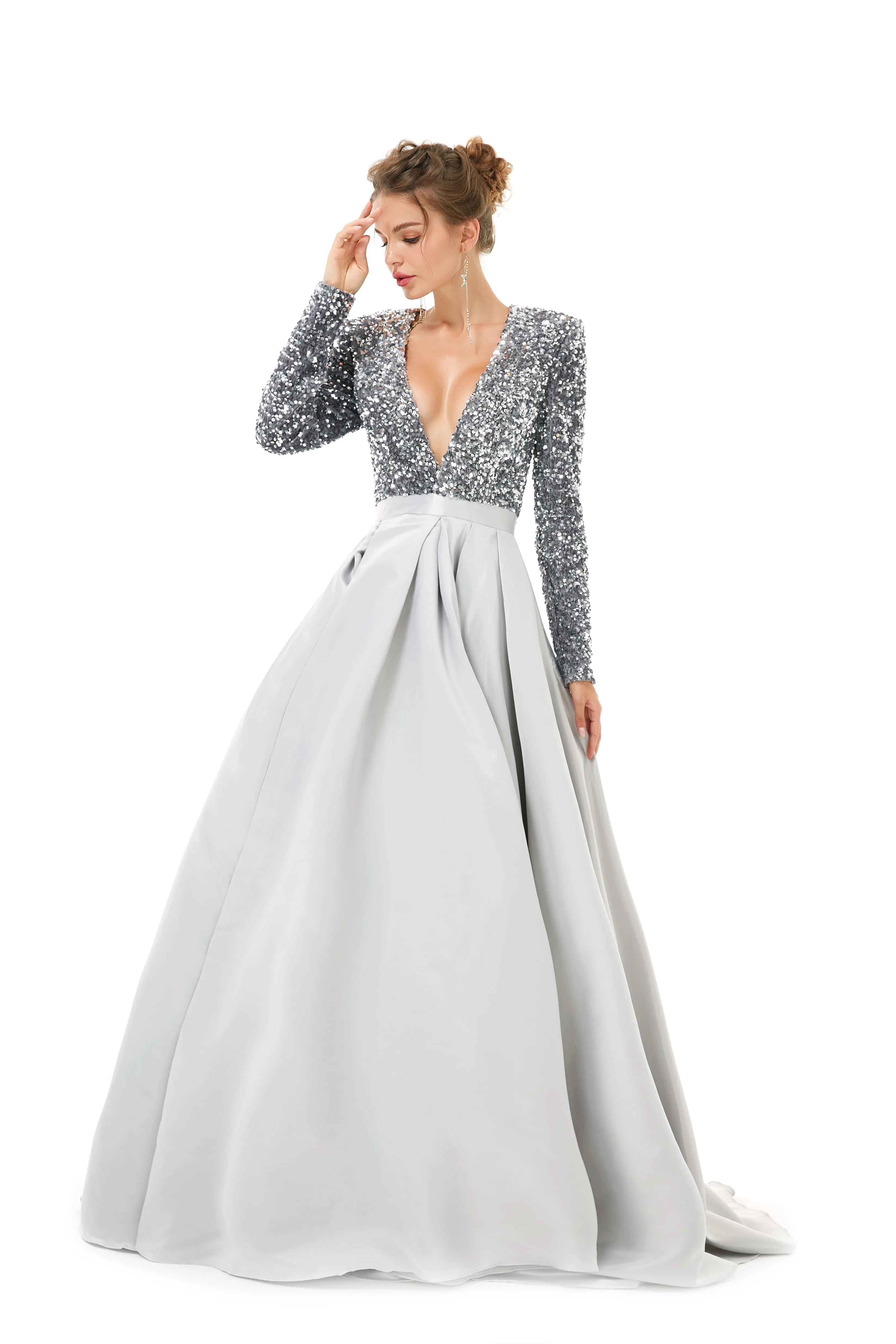Elegant Long sleeve Deep V-neck Dark green Evening Dress | Ballbella Real Shooting