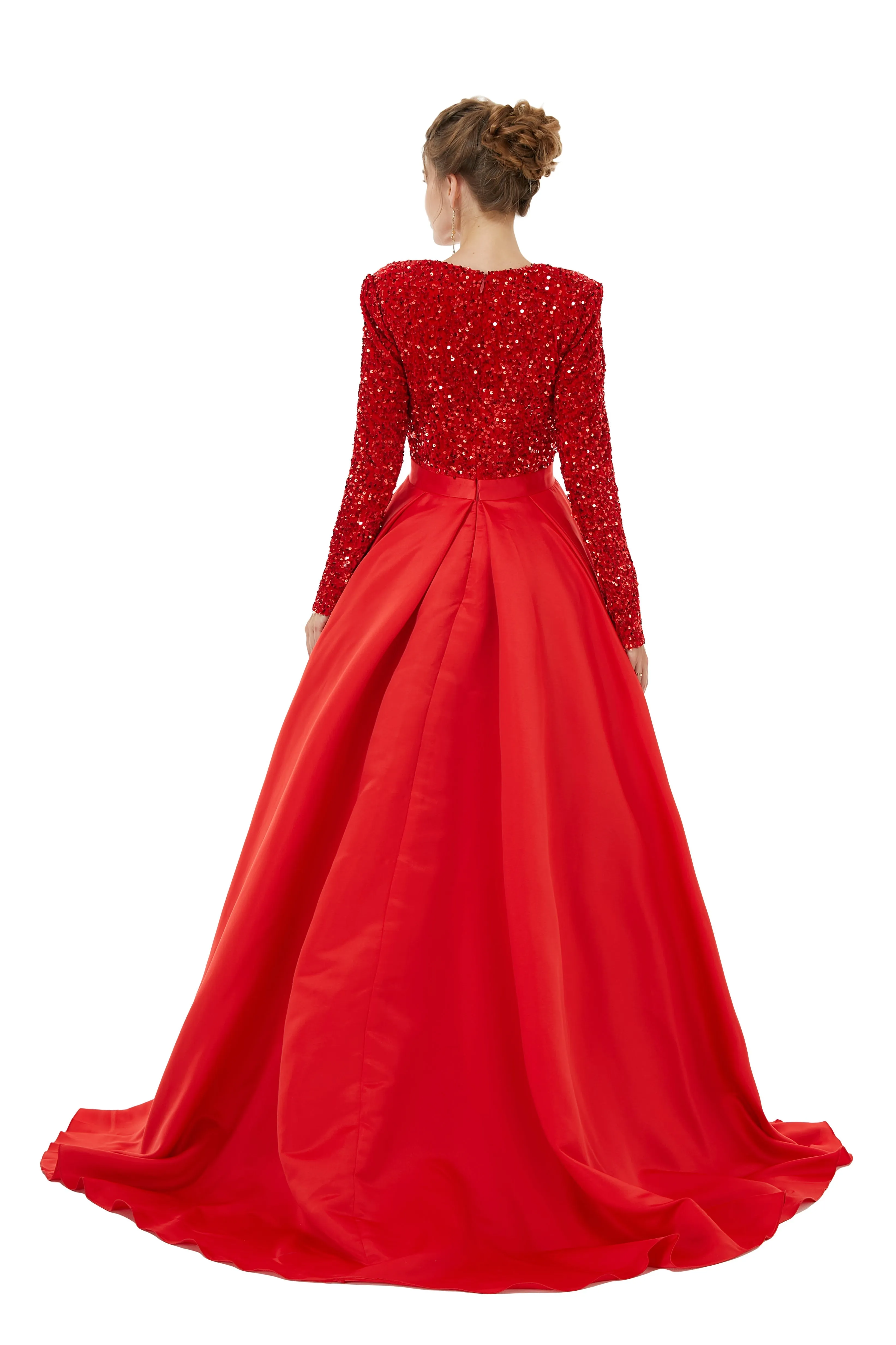 Elegant Long sleeve Deep V-neck Dark green Evening Dress | Ballbella Real Shooting