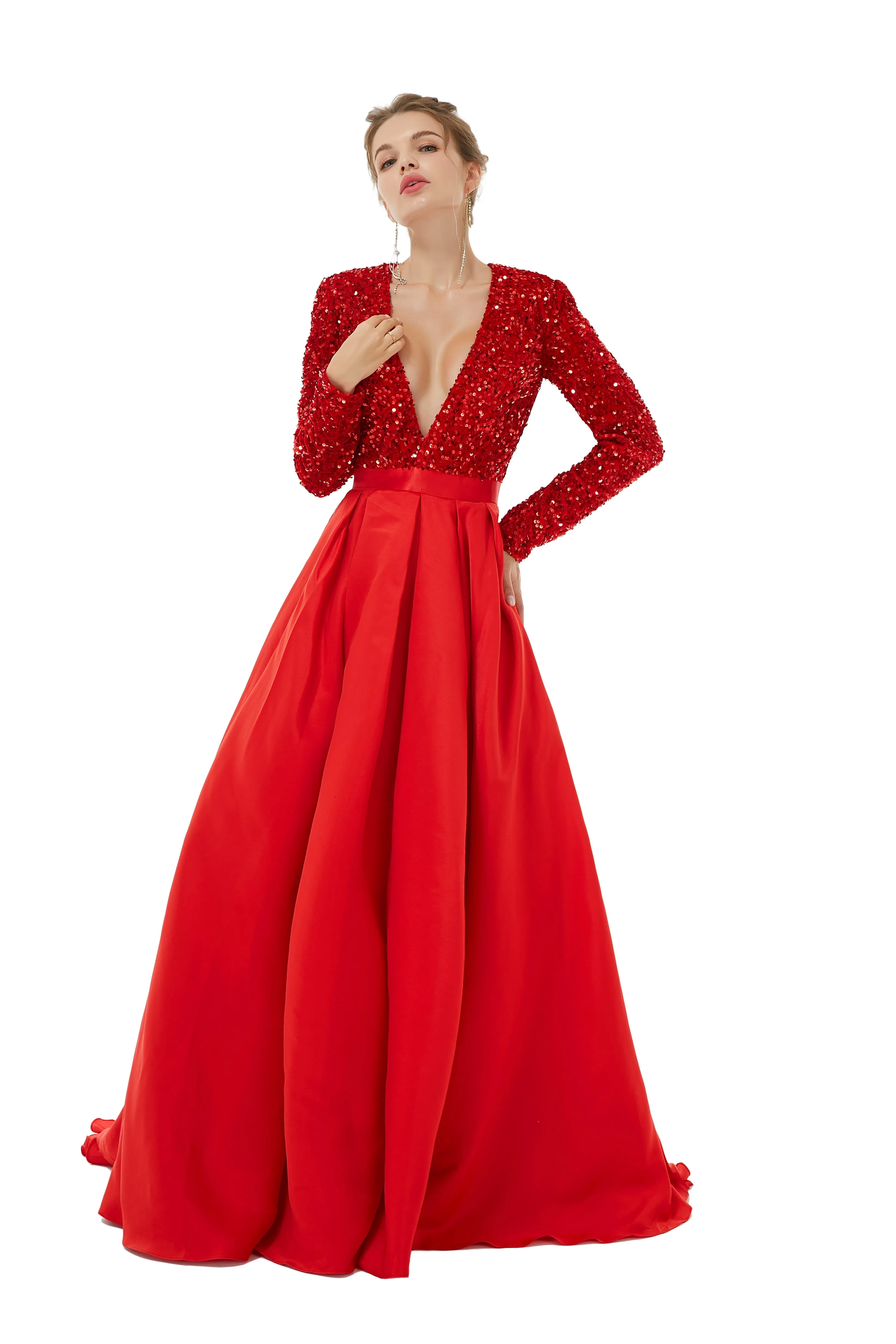 Elegant Long sleeve Deep V-neck Dark green Evening Dress | Ballbella Real Shooting
